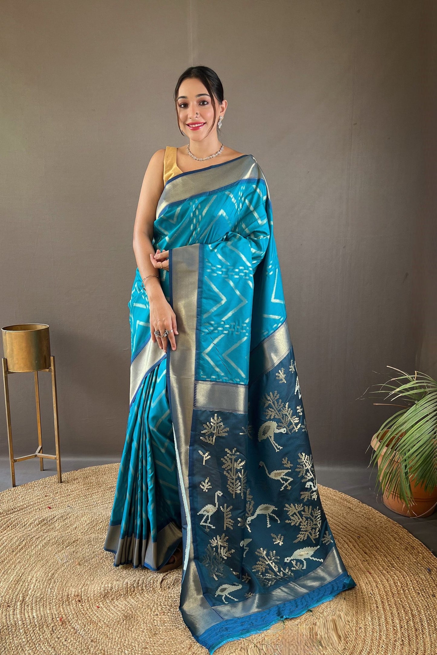 Turquoise Zig Zag Zari Soft Silk Saree