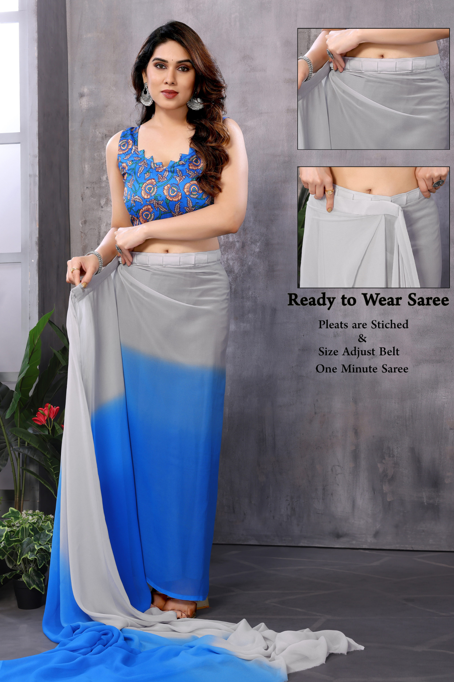 Grey Blue Pure Georgette Ready to Wear Saree with Lace