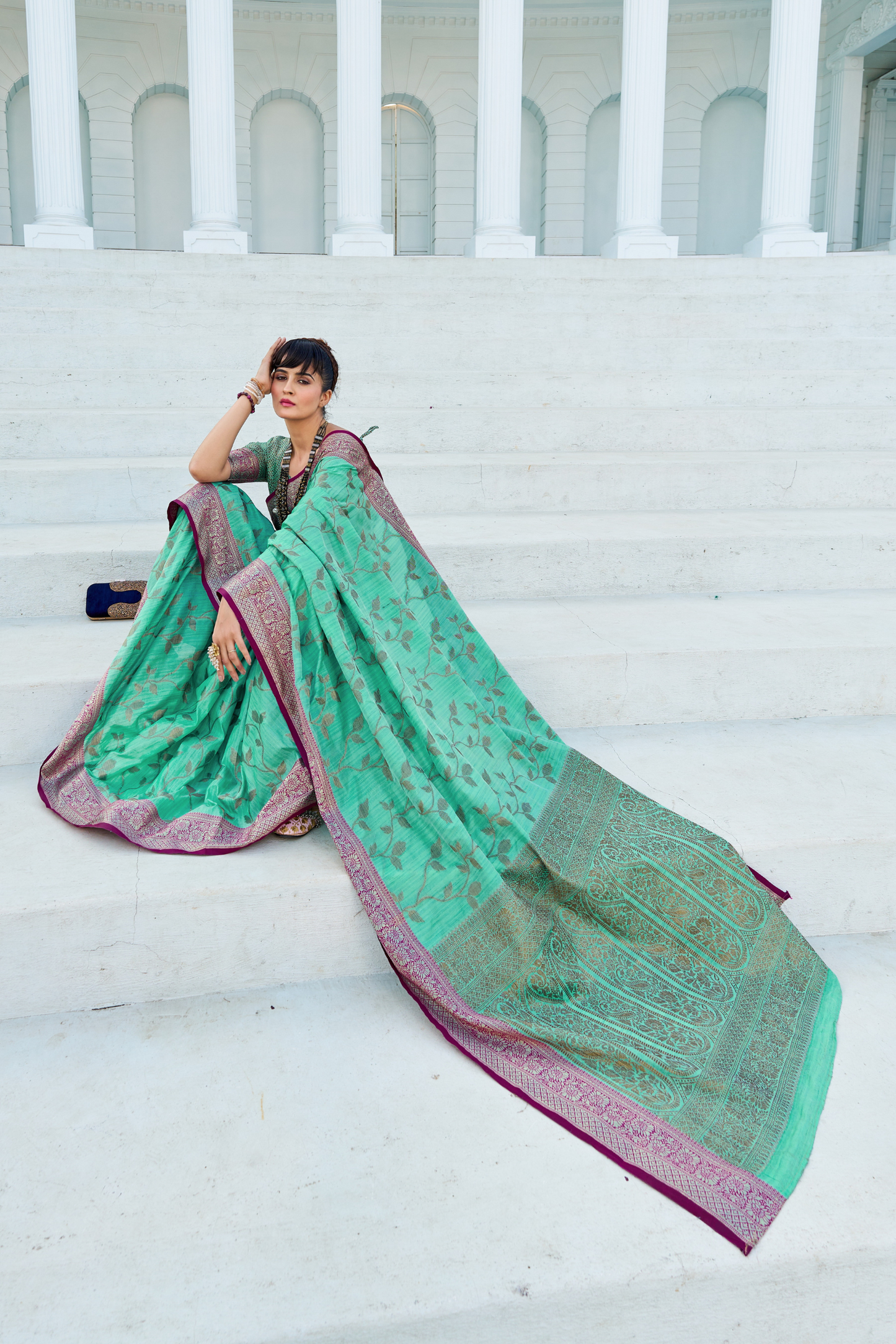 Mint Green Banarasi Pure Satin Silk with Graceful Zari Work Border