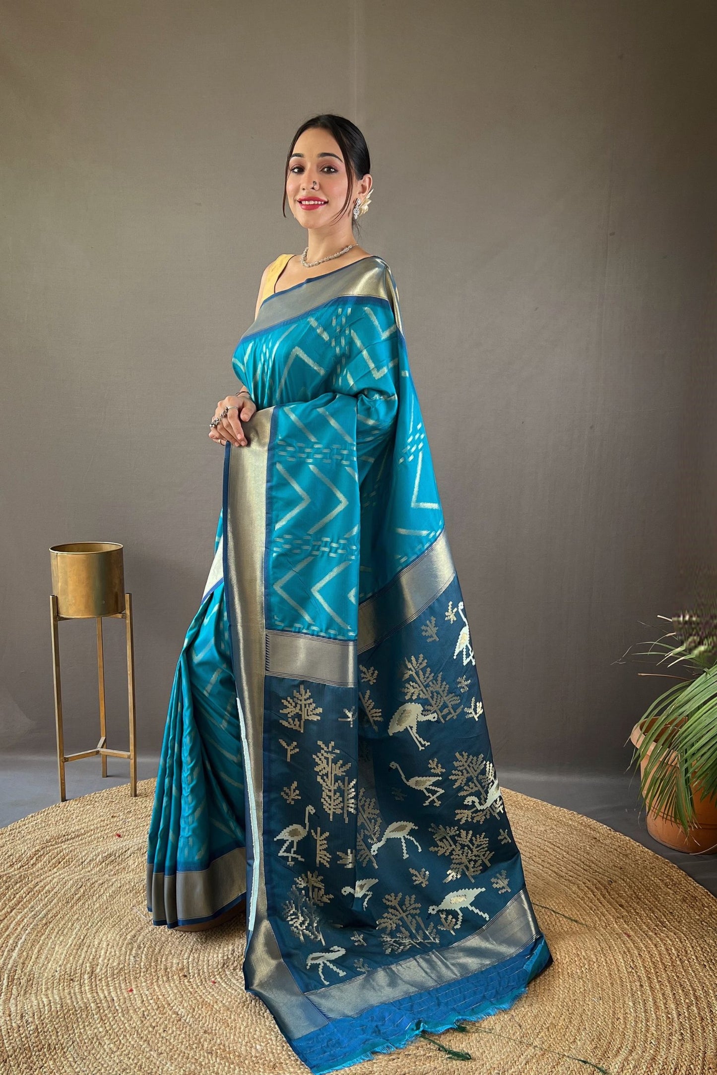 Turquoise Zig Zag Zari Soft Silk Saree