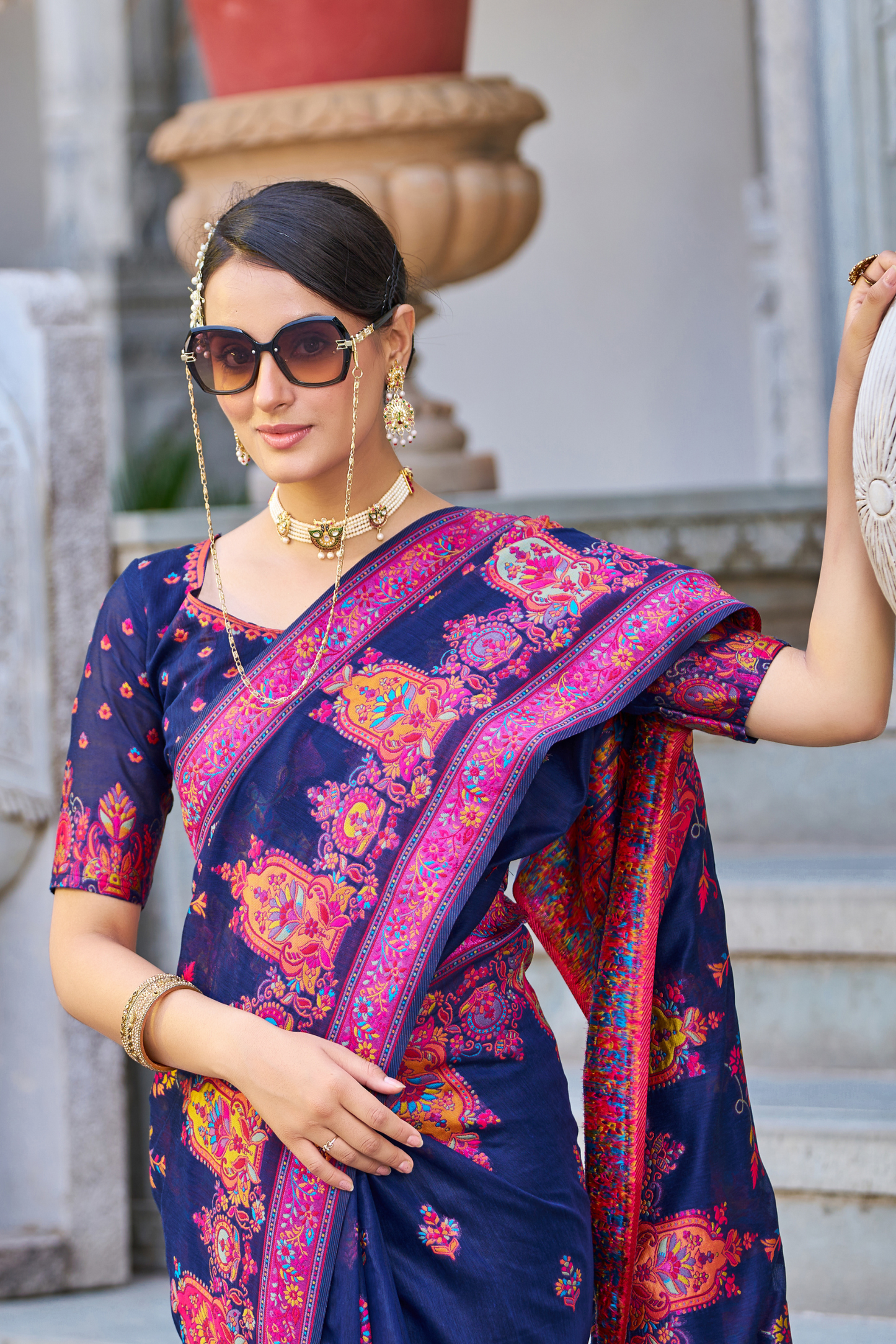 Navy Blue Cotton Pashmina Silk Saree with Floral Design