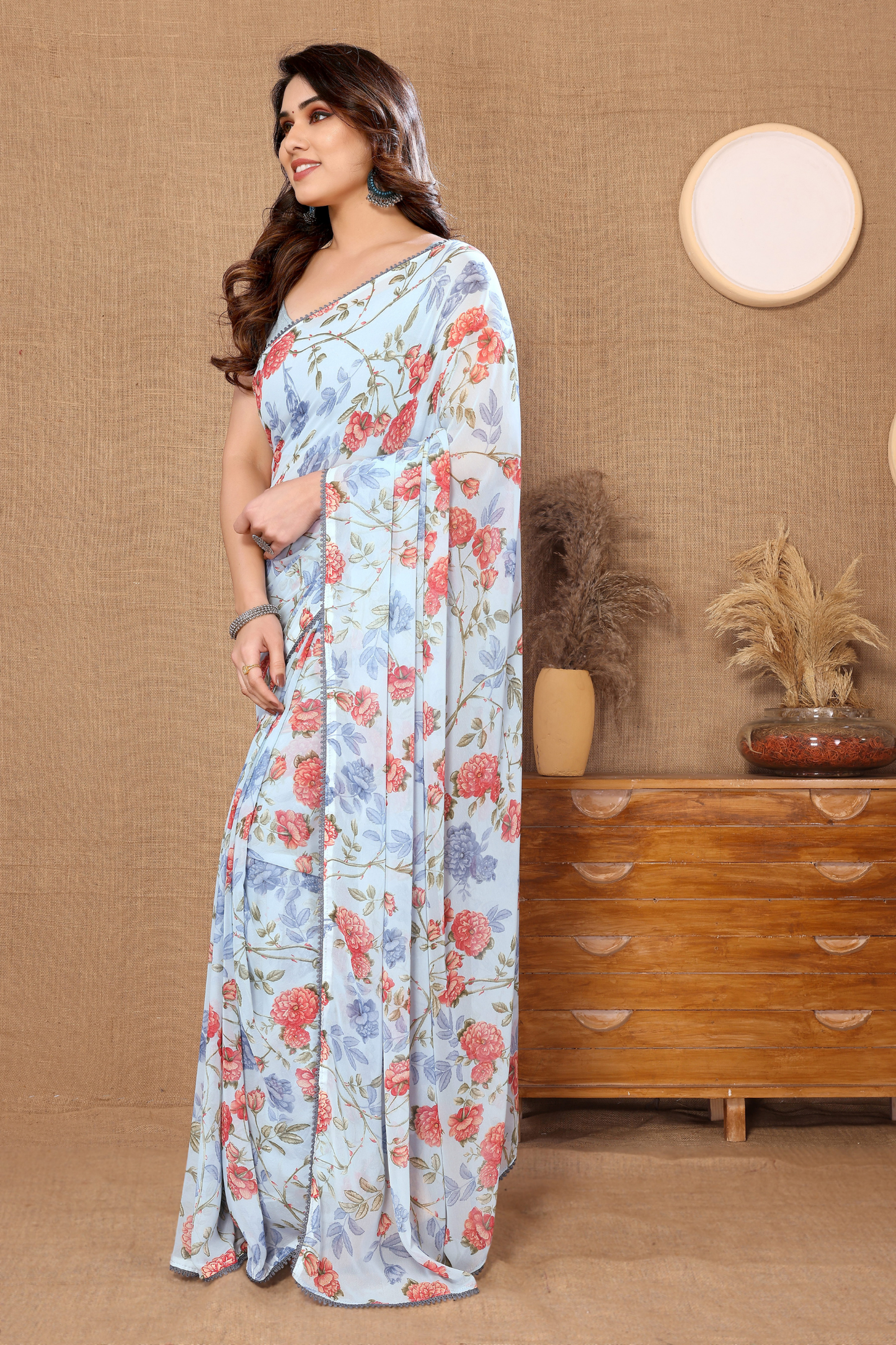 Sky Blue Floral Printed Georgette Saree Ready to Wear with Fancy Border