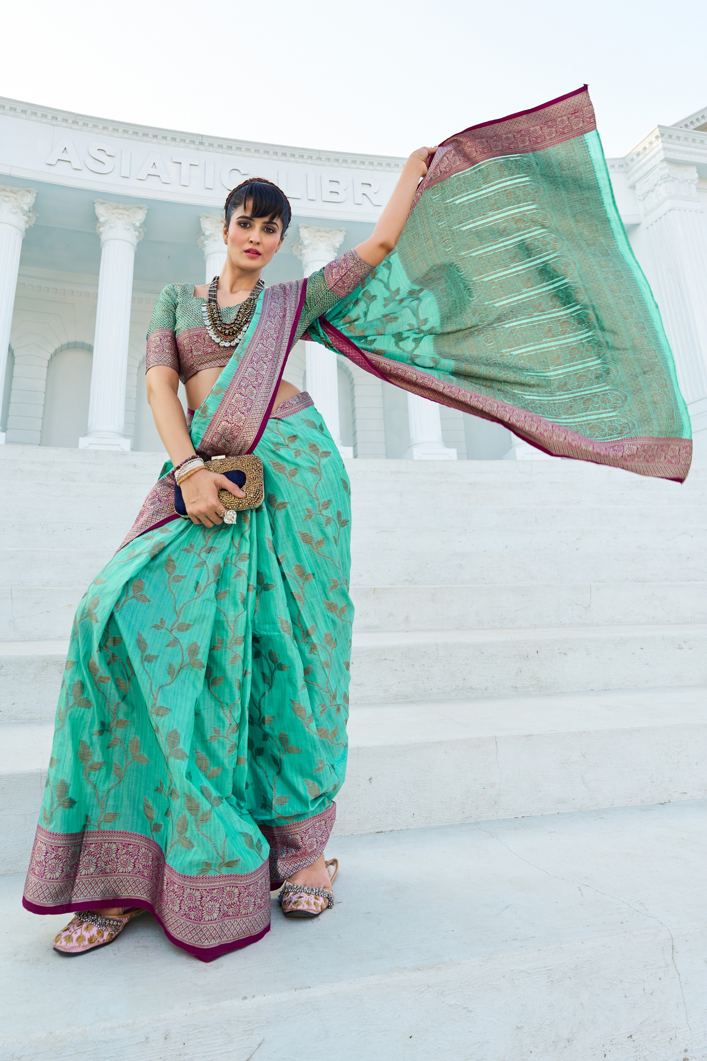 Mint Green Banarasi Pure Satin Silk with Graceful Zari Work Border