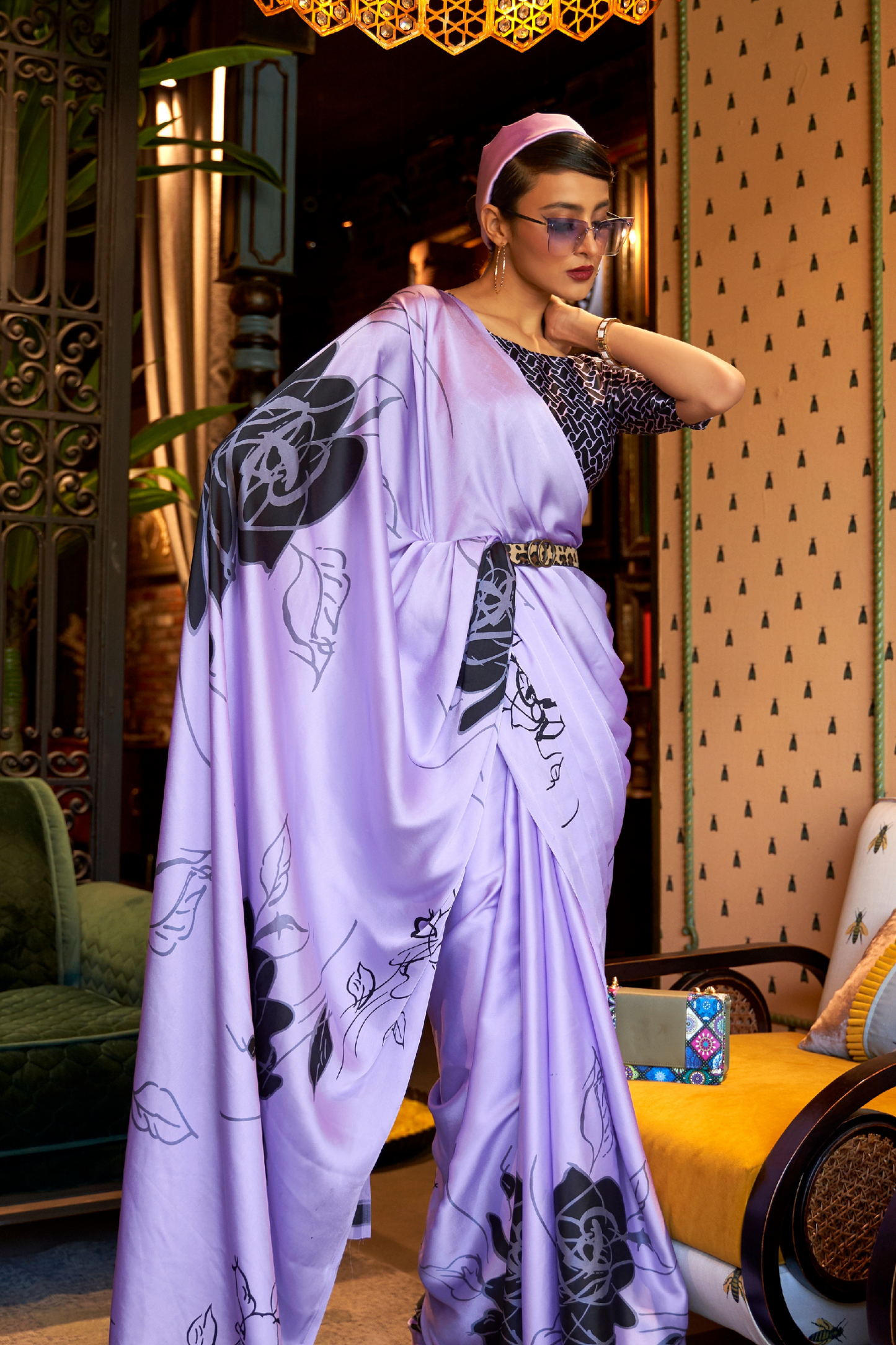 Lavender Floral Printed Satin Crepe Saree