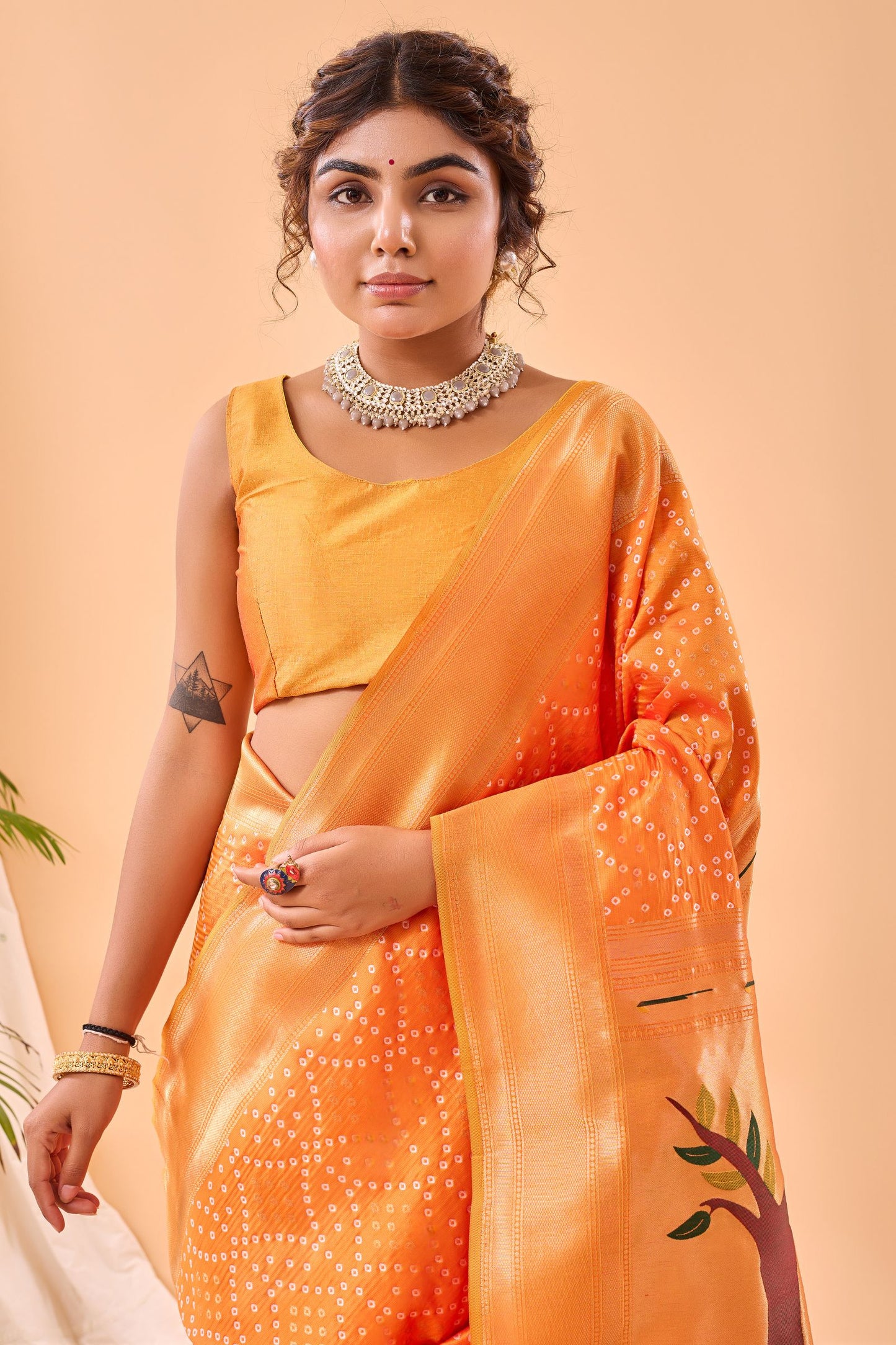 Chrome Yellow Bandhani Weaving Paithani Silk Saree