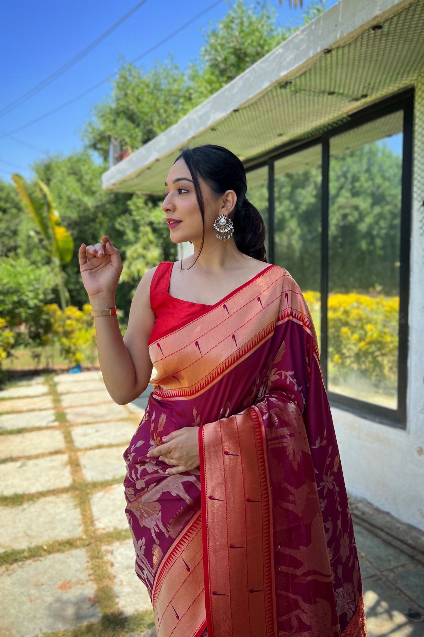 Wine Zari Woven Soft Paithani Silk Saree with Traditional Pattern