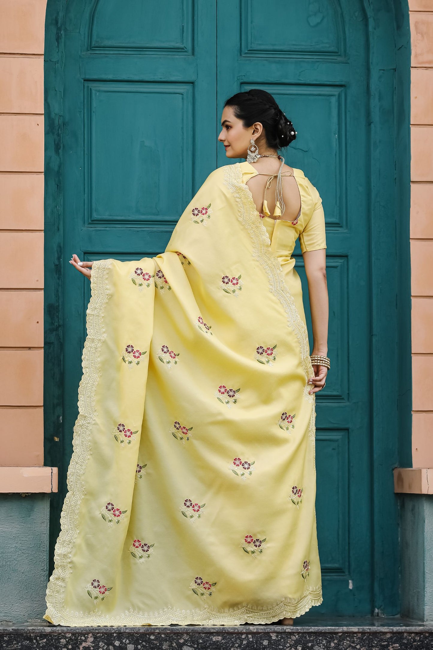 Light Yellow Floral Embroidered Tussar Cotton Saree