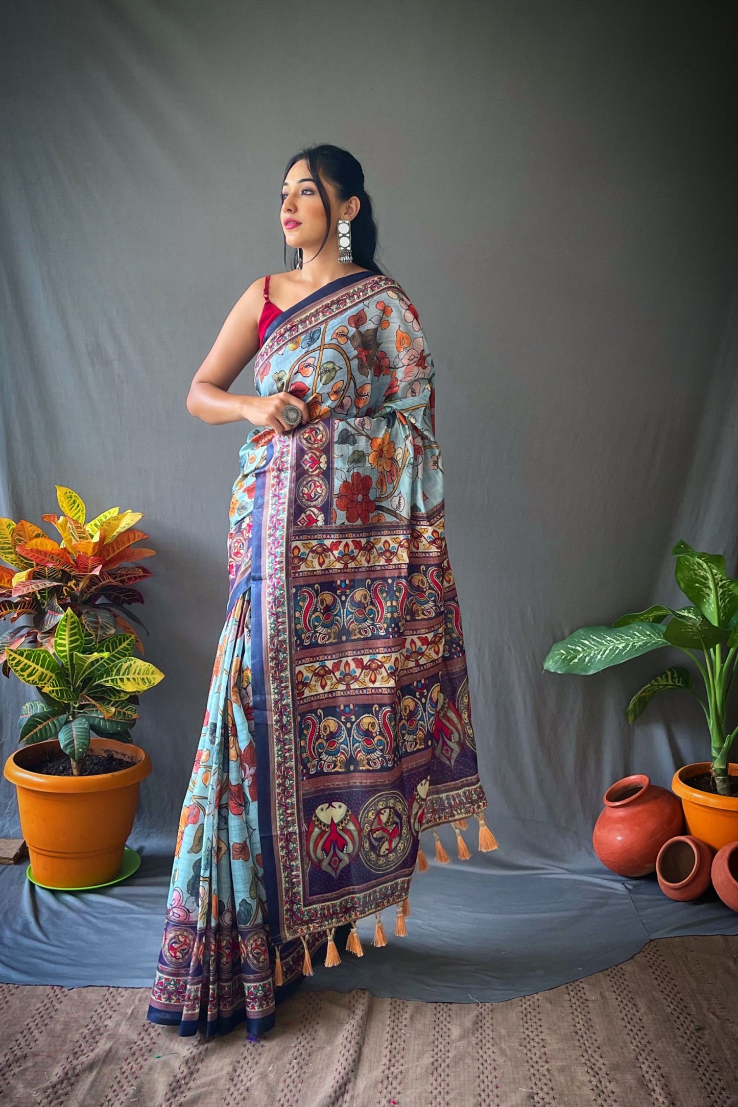 Sky Kalamkari Digital Printed Cotton Saree