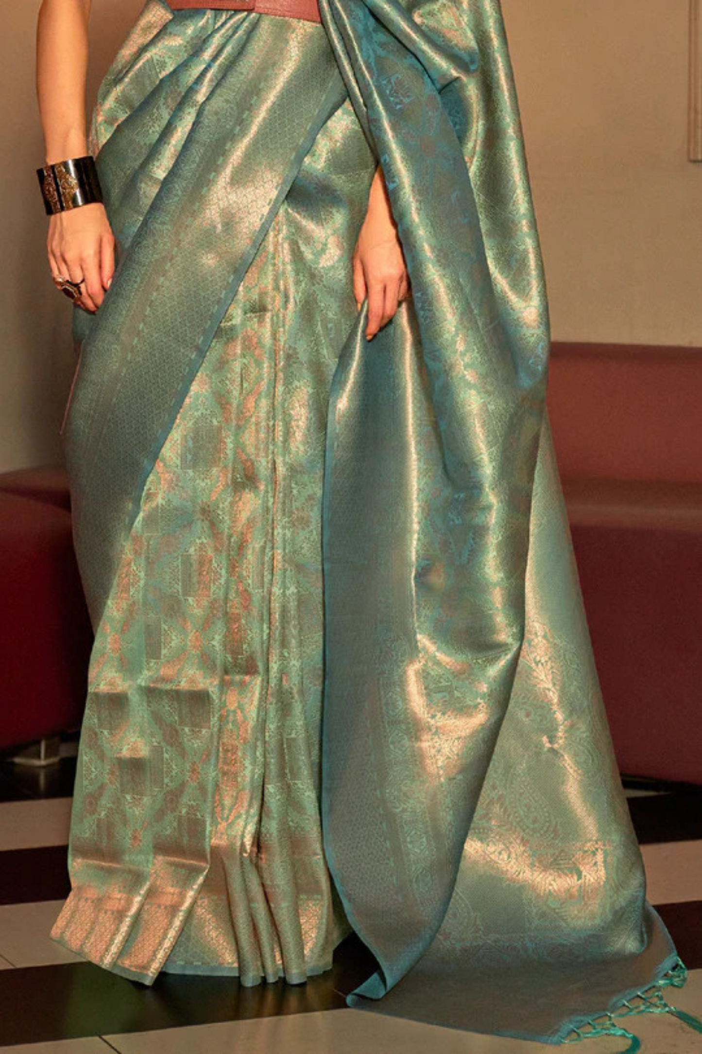 Sage Green Rich Banarasi Soft Silk Saree with Shimmer Zari Work