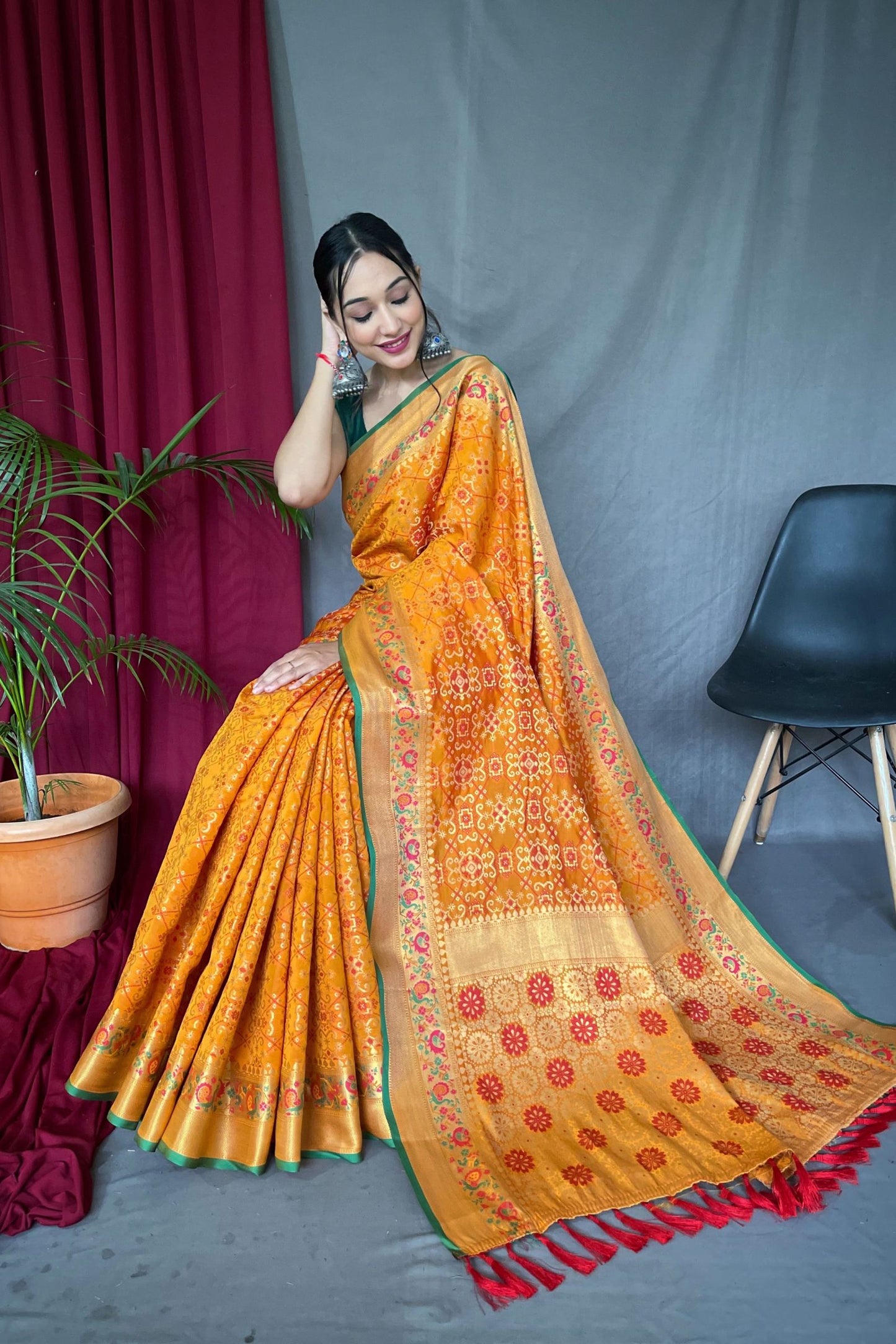 Yellow Patola Silk Saree with Paithani Patola Fusion