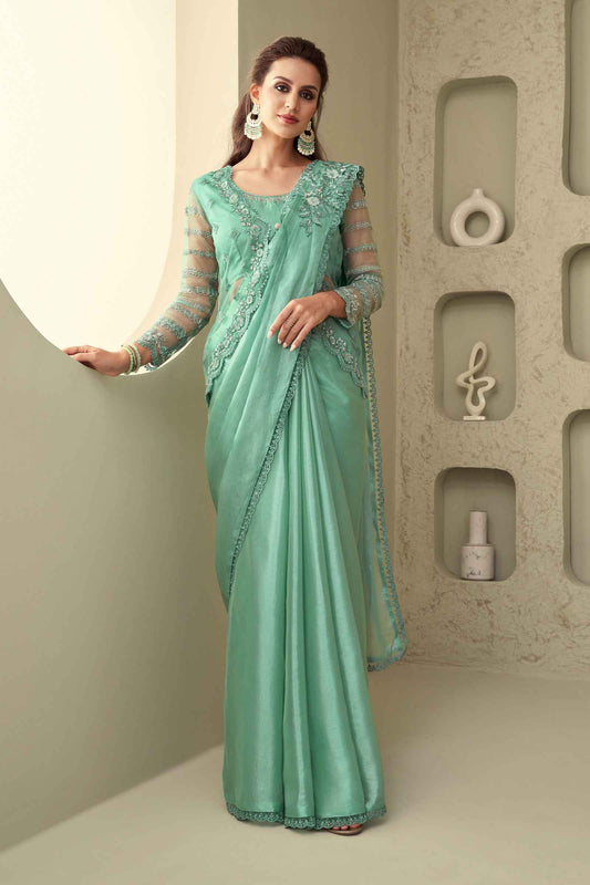 Sea Green Silk Pattern Saree With Embroidery Work