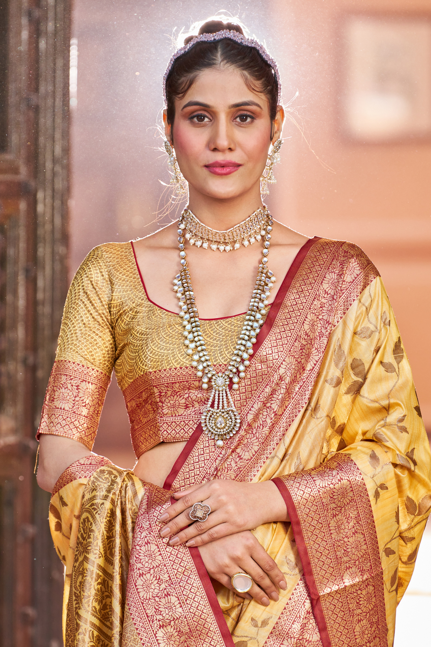 Yellow Banarasi Pure Satin Silk with Graceful Zari Work Border