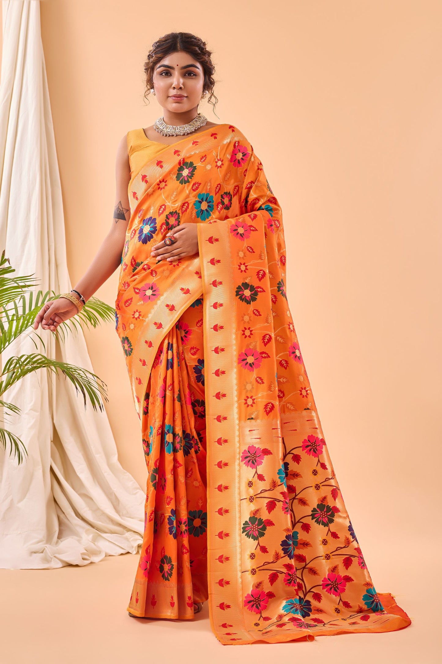 Chrome Yellow Paithani Silk Saree with Royal Jaal Work