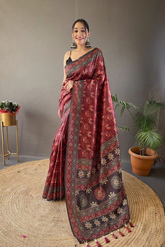 Maroon Digital Printed Silk Saree