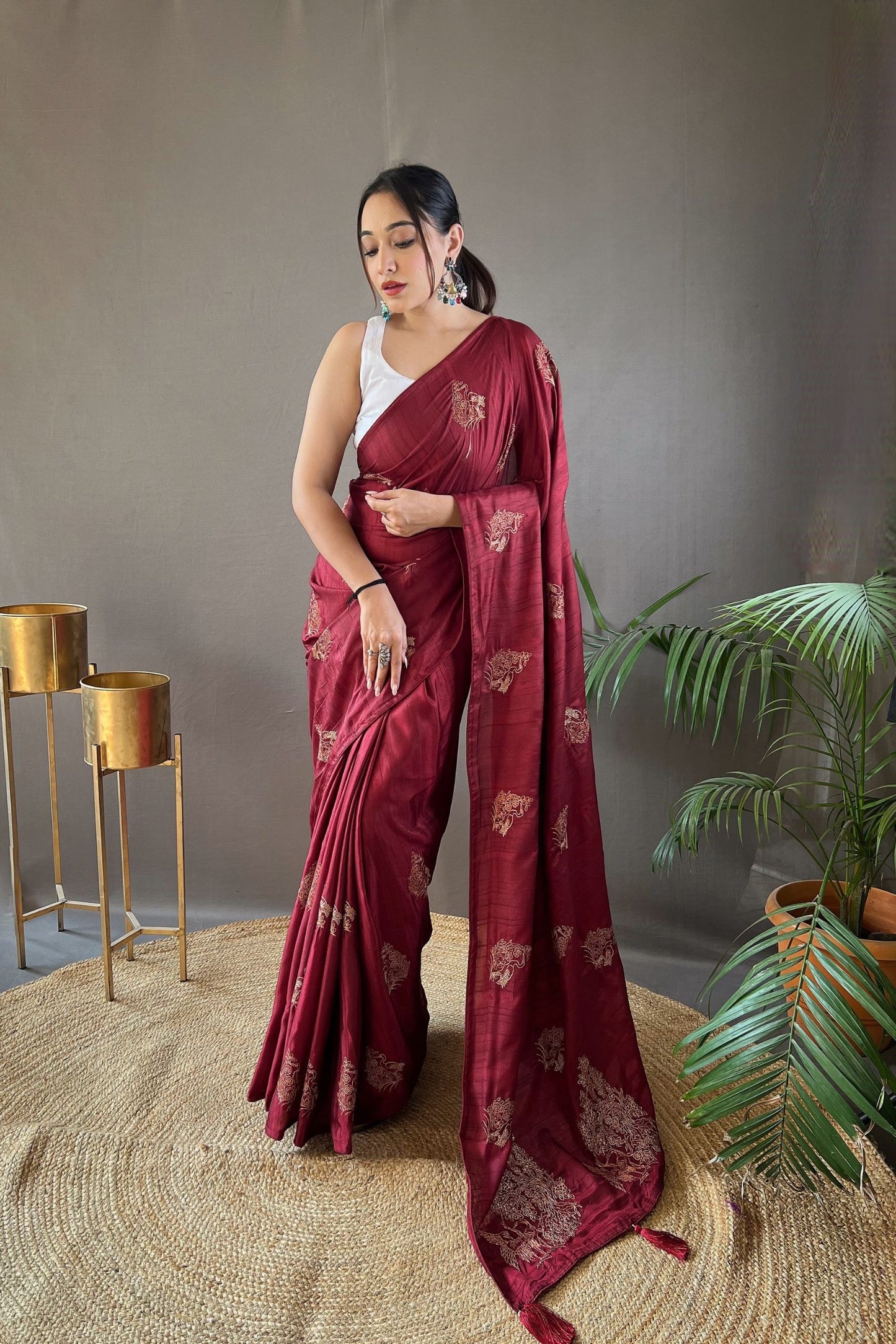 Beetroot Embroidered Art Silk Saree