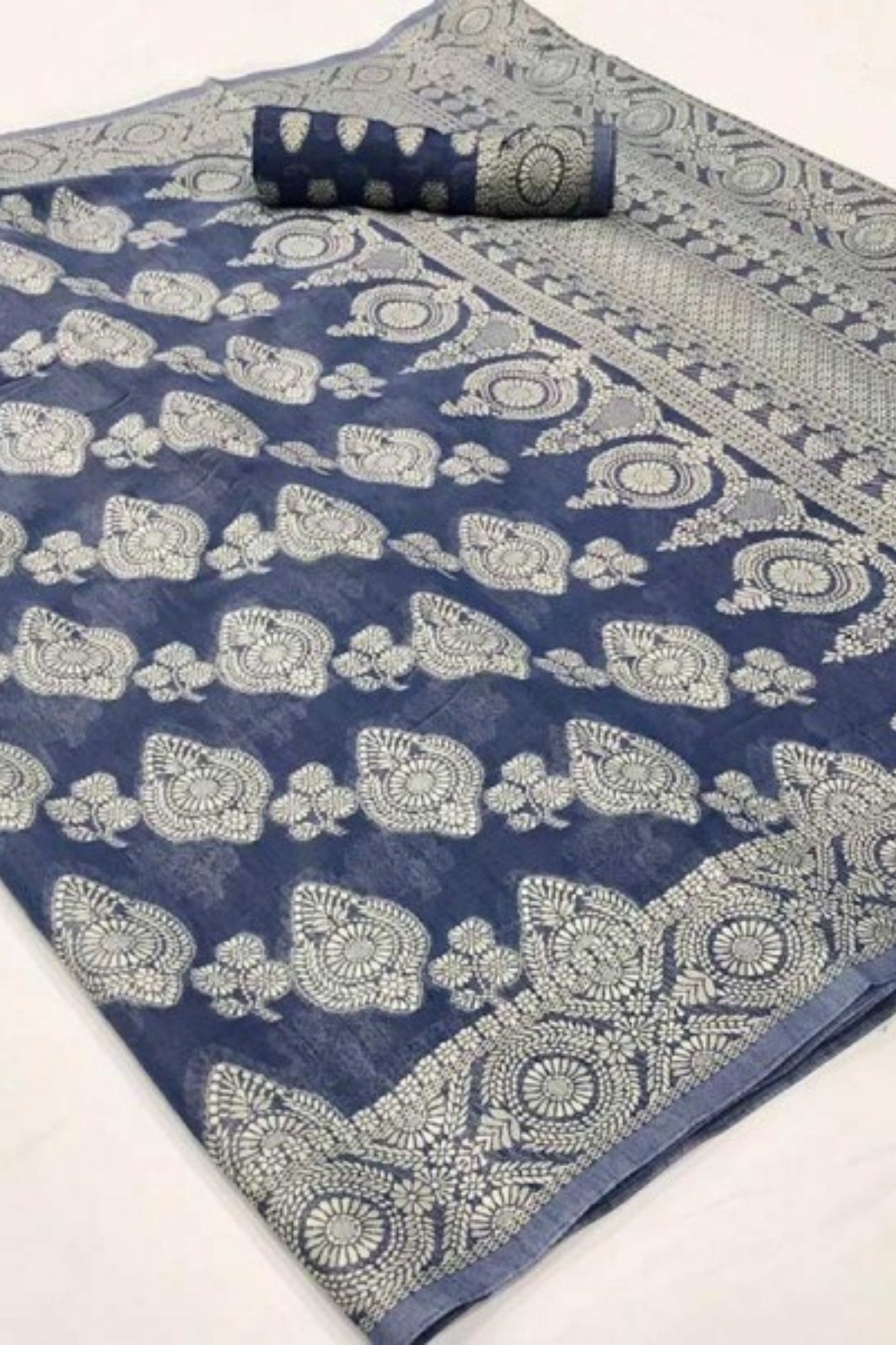 Navy Blue Lucknowi Cotton Saree Floral Print with Contrast Border