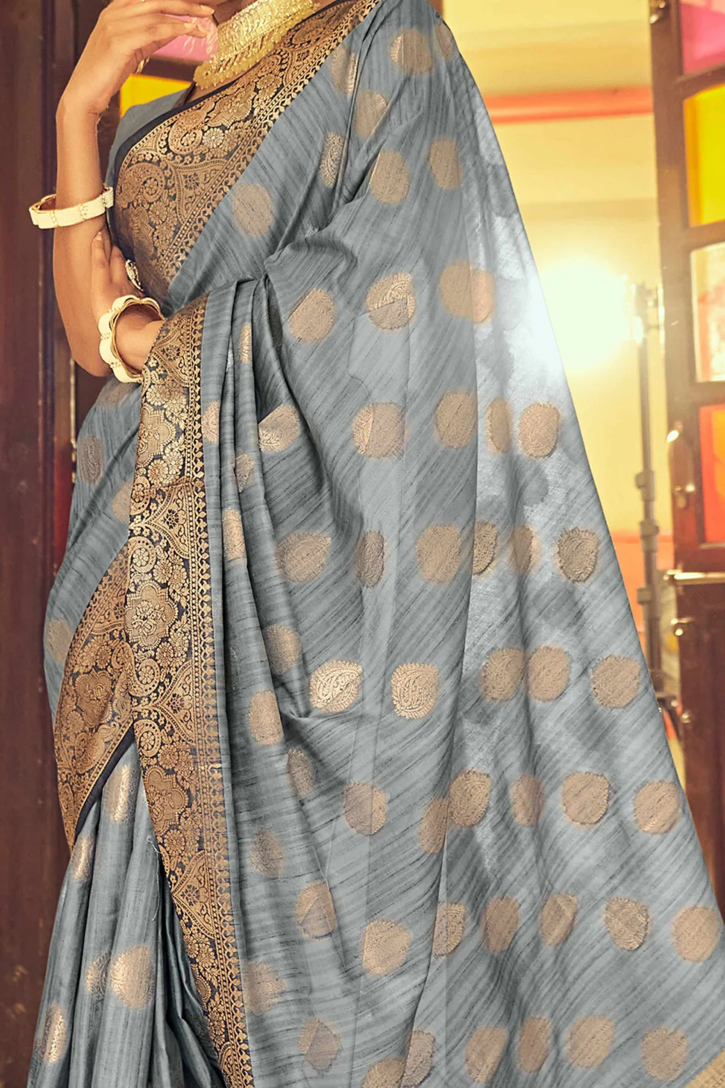 Lava Gray Posh Banarasi Katan Soft Silk Saree with Rich Zari Border