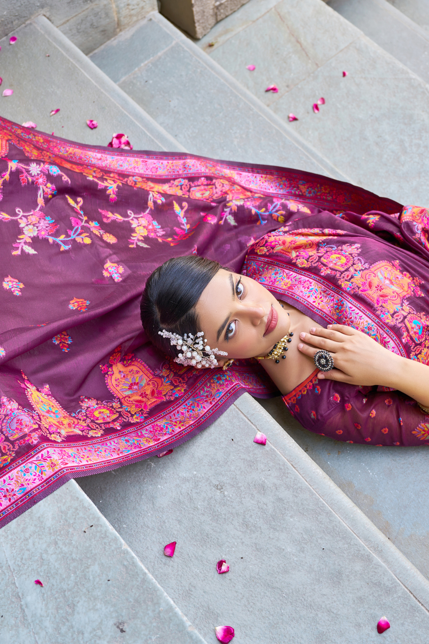 Magenta Cotton Pashmina Silk Saree with Floral Design