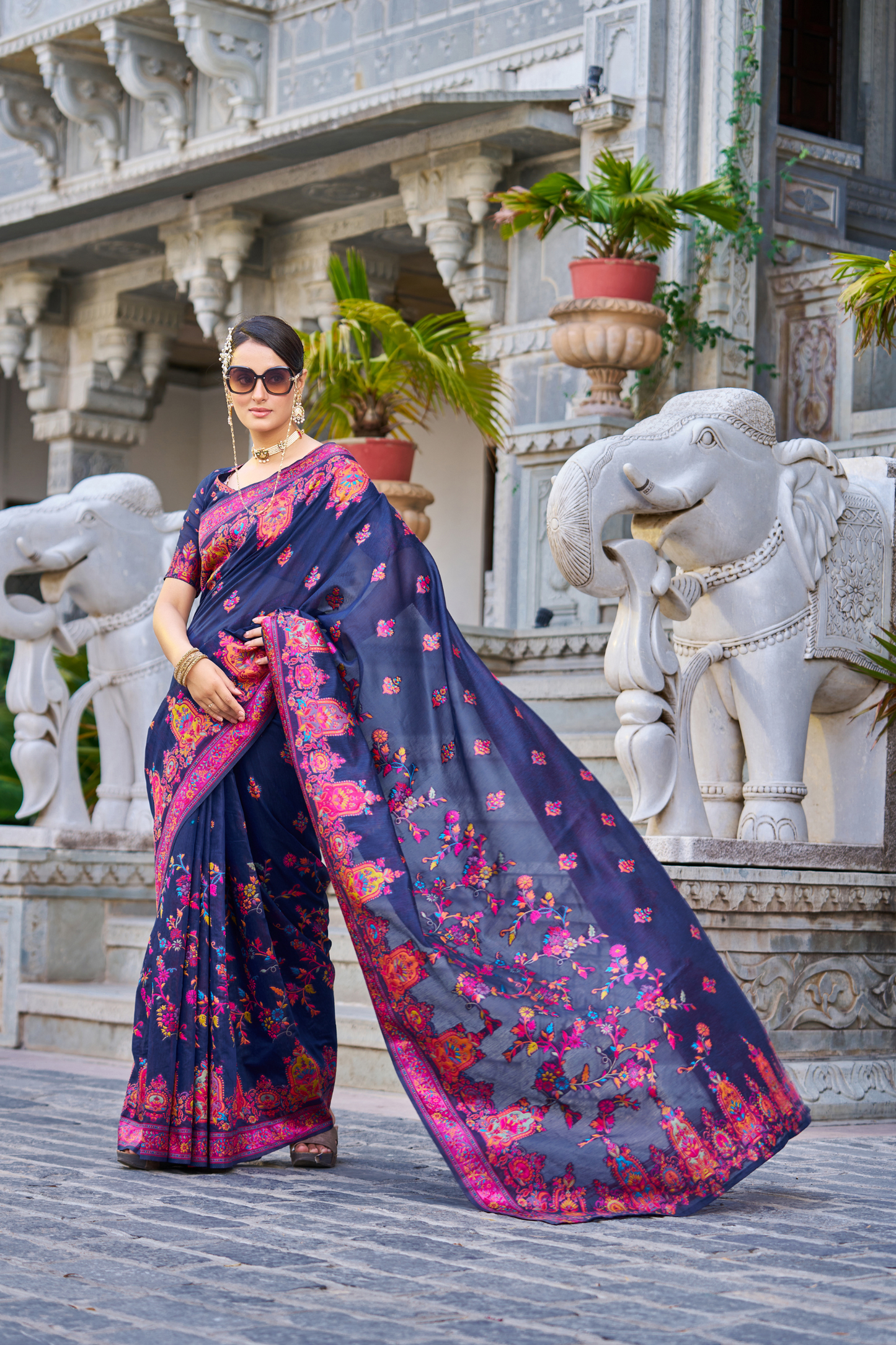 Navy Blue Cotton Pashmina Silk Saree with Floral Design