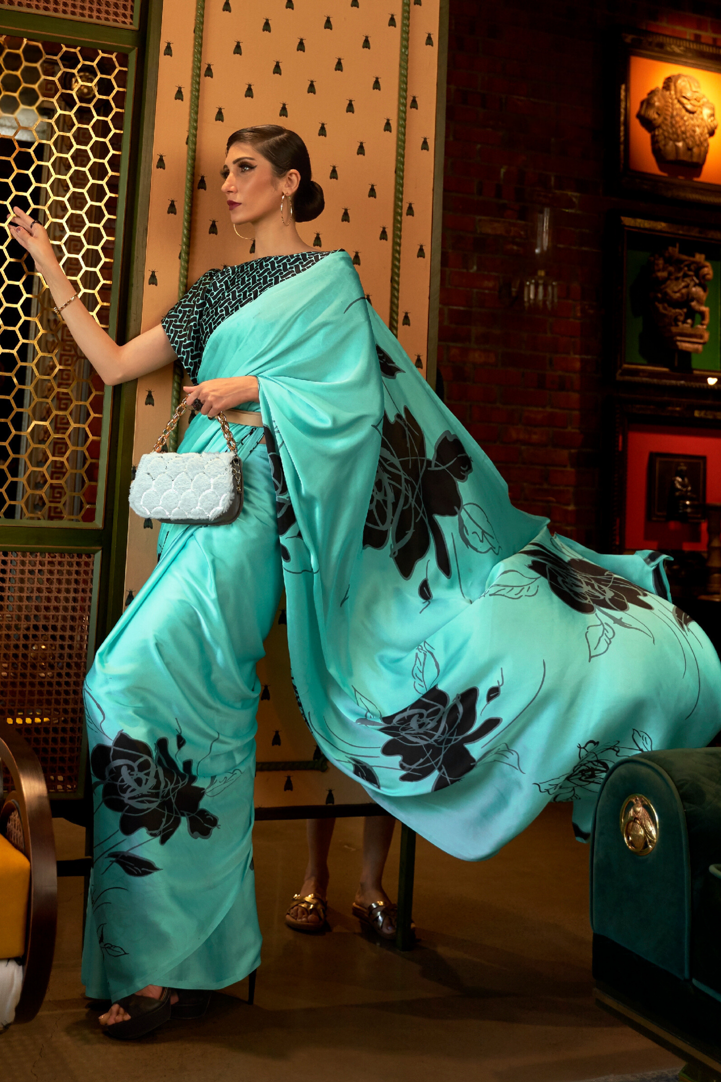 Turquoise Floral Printed Satin Crepe Saree