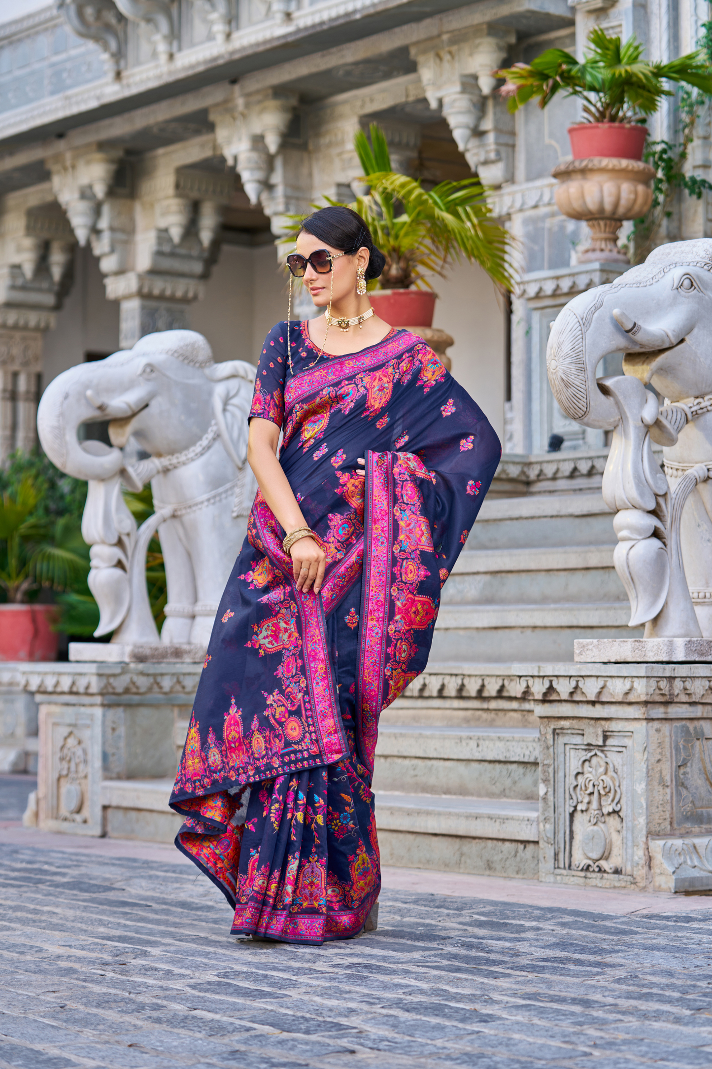 Navy Blue Cotton Pashmina Silk Saree with Floral Design