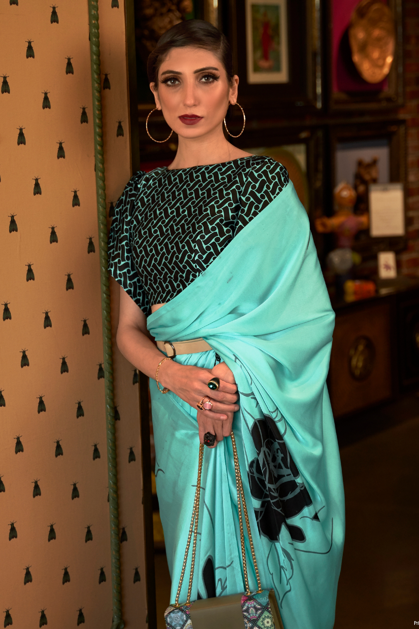 Turquoise Floral Printed Satin Crepe Saree