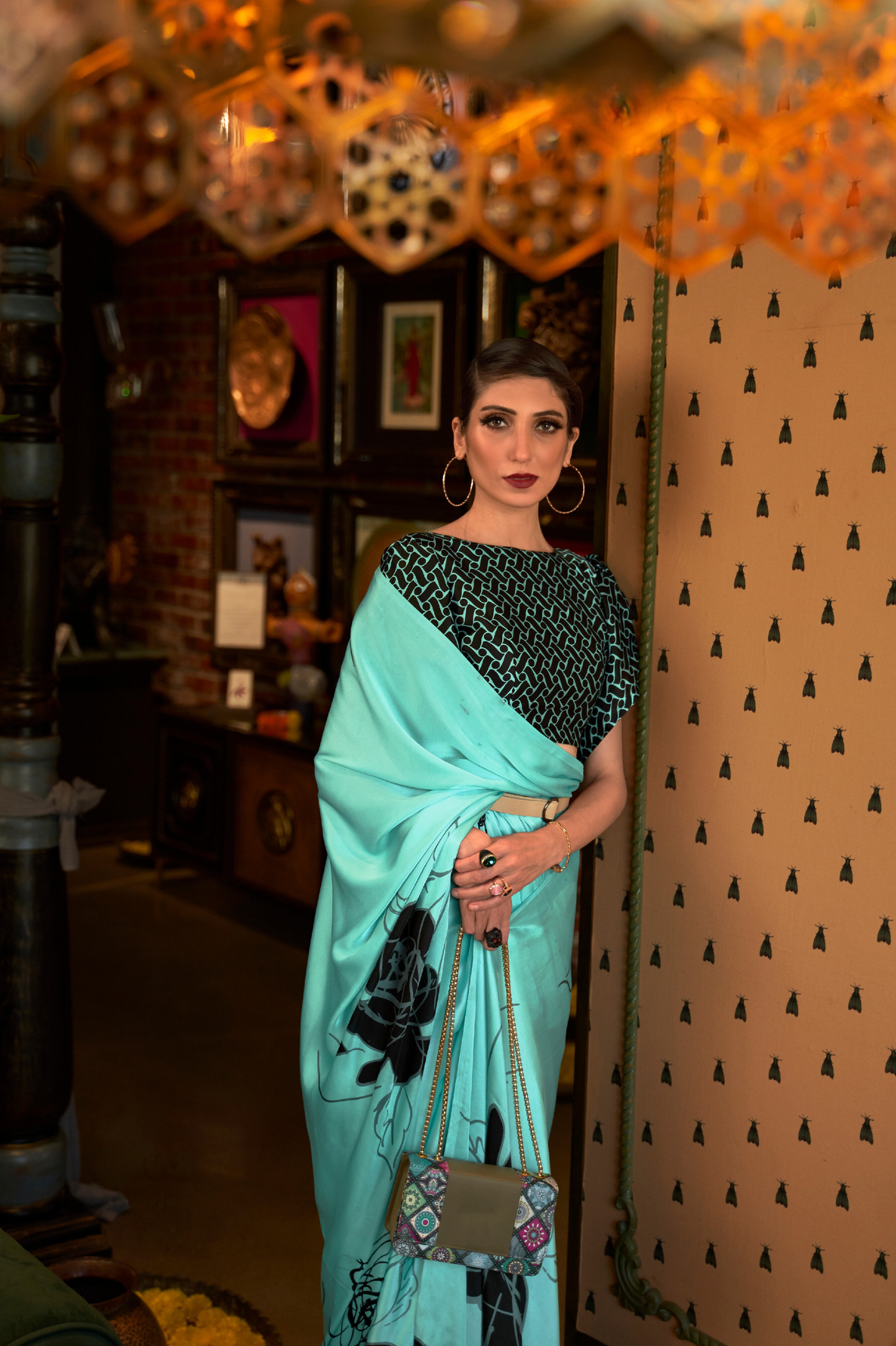 Turquoise Floral Printed Satin Crepe Saree