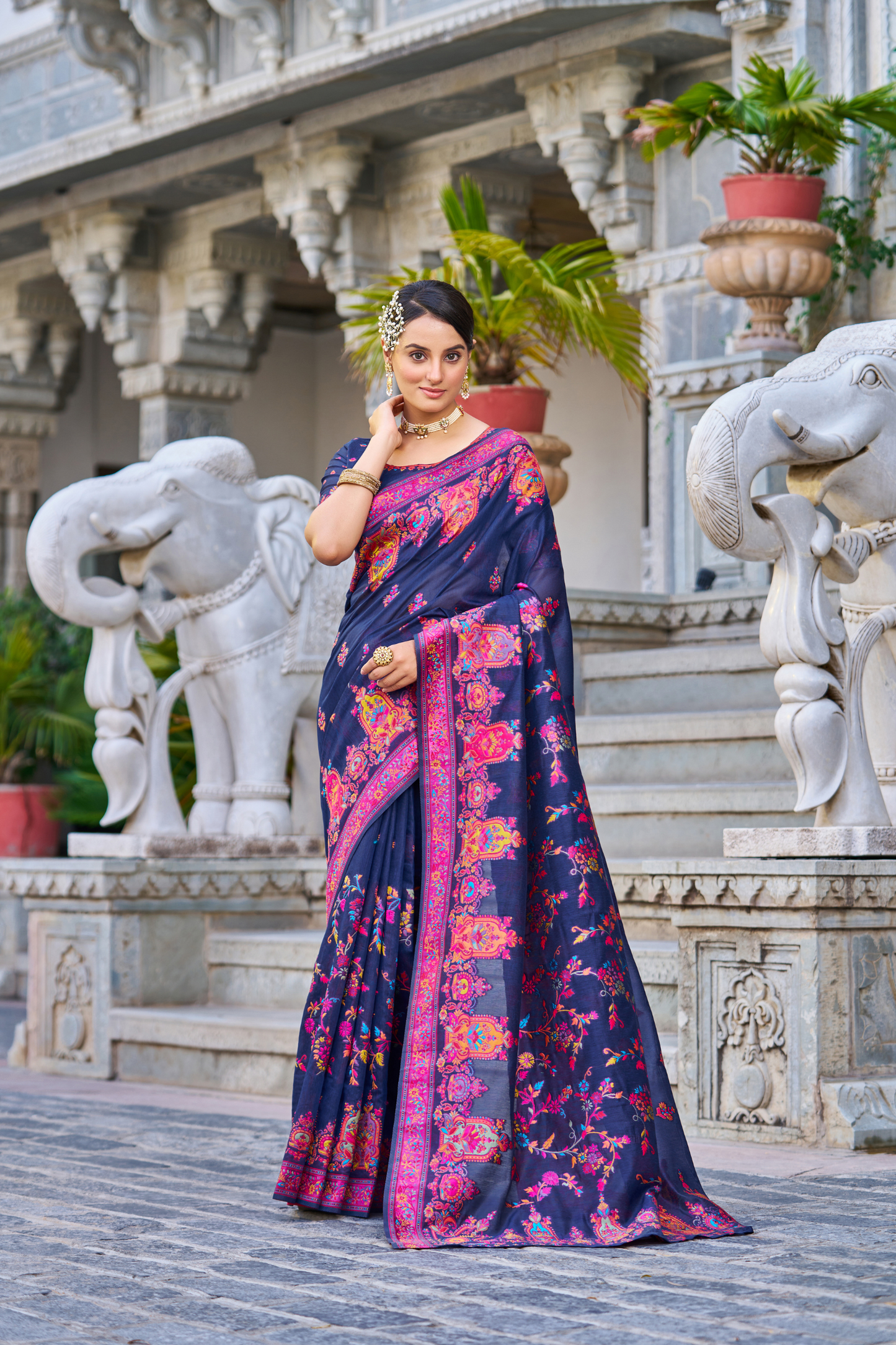 Navy Blue Cotton Pashmina Silk Saree with Floral Design