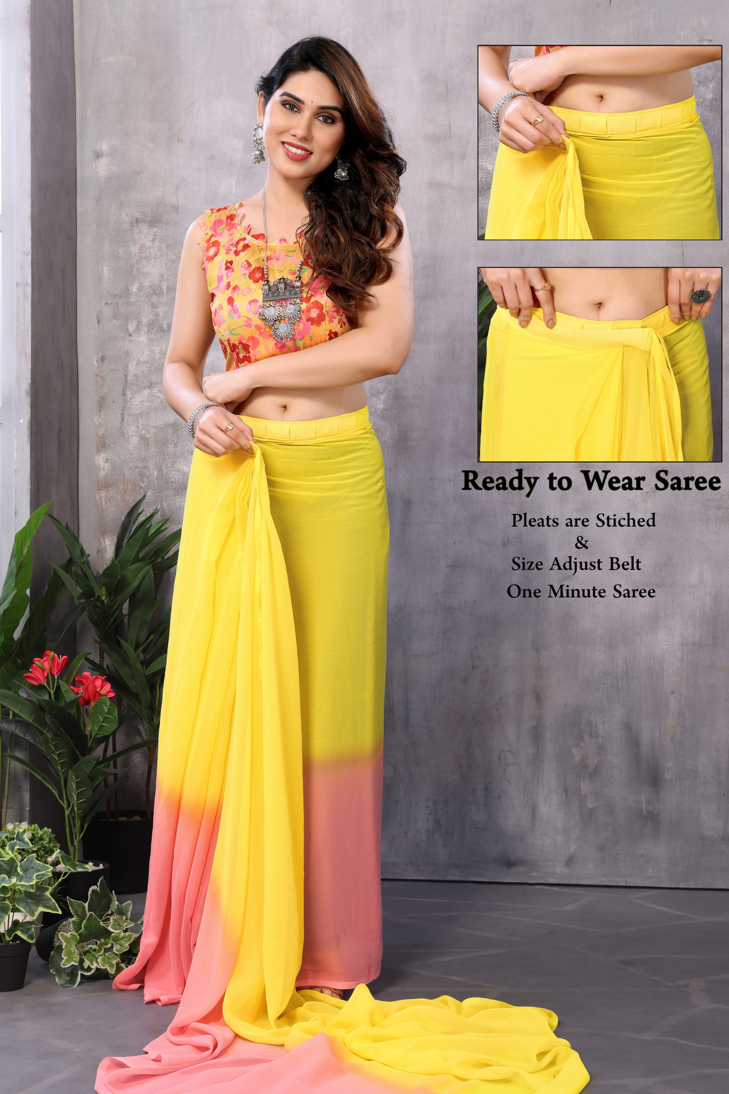 Pink Yellow Pure Georgette Ready to Wear Saree with Lace