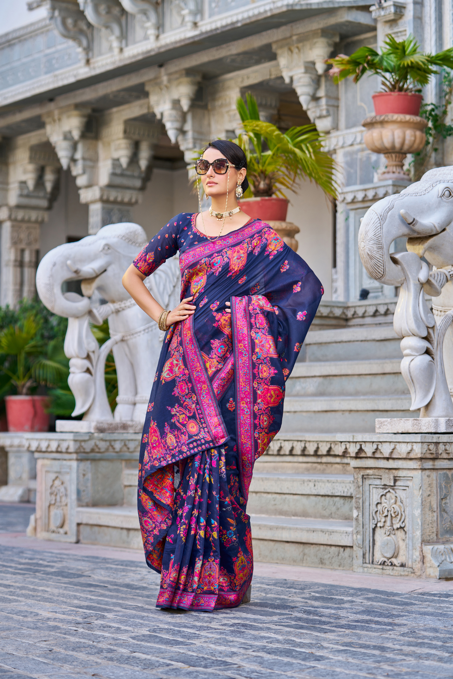 Navy Blue Cotton Pashmina Silk Saree with Floral Design