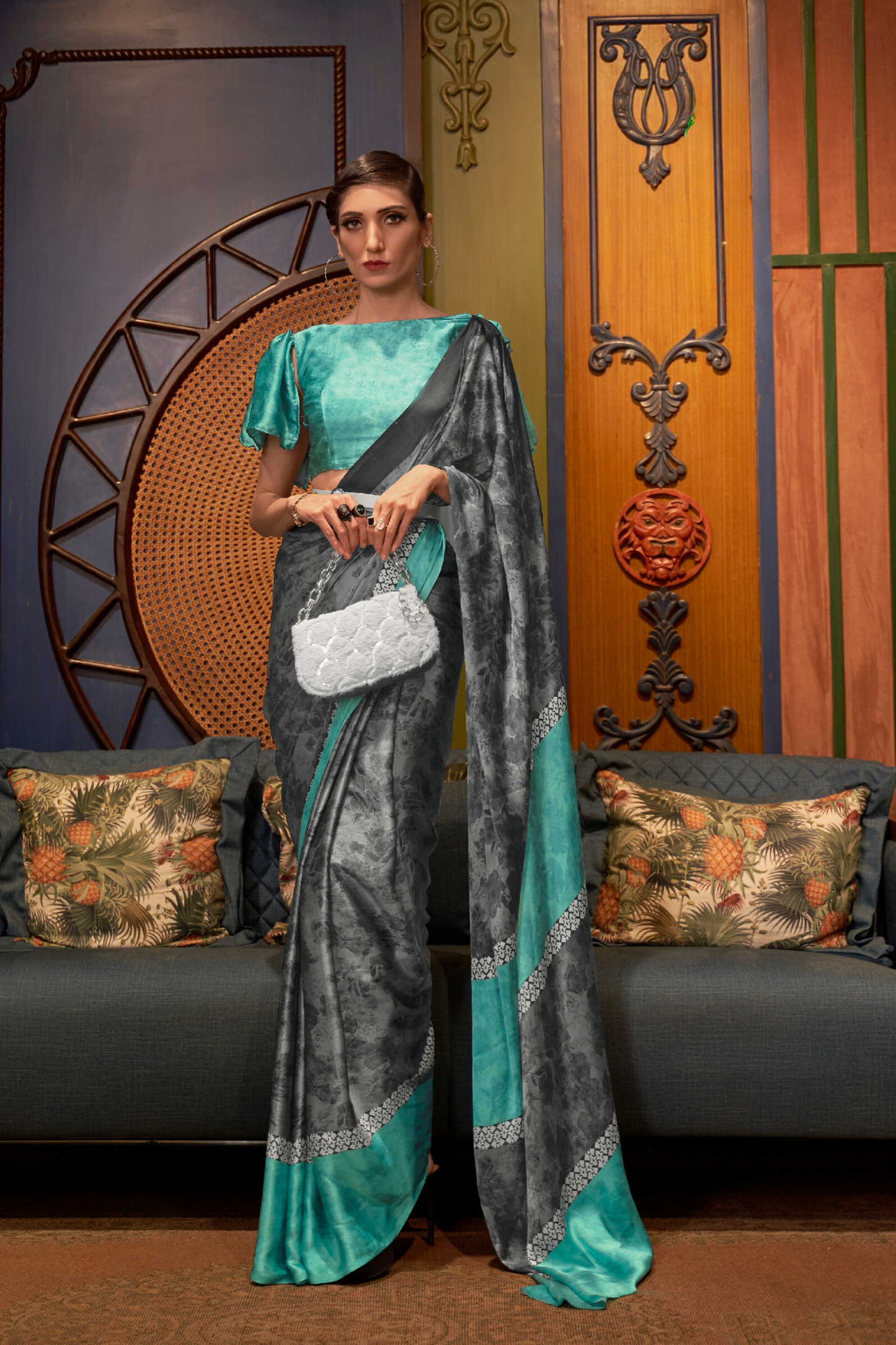 Dark Grey Floral Printed Satin Crepe Saree