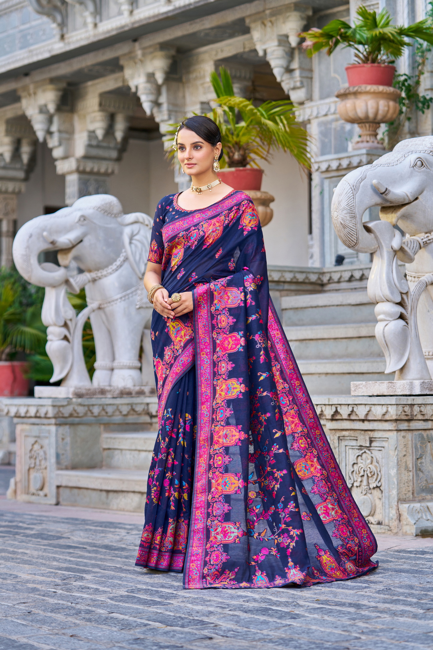 Navy Blue Cotton Pashmina Silk Saree with Floral Design