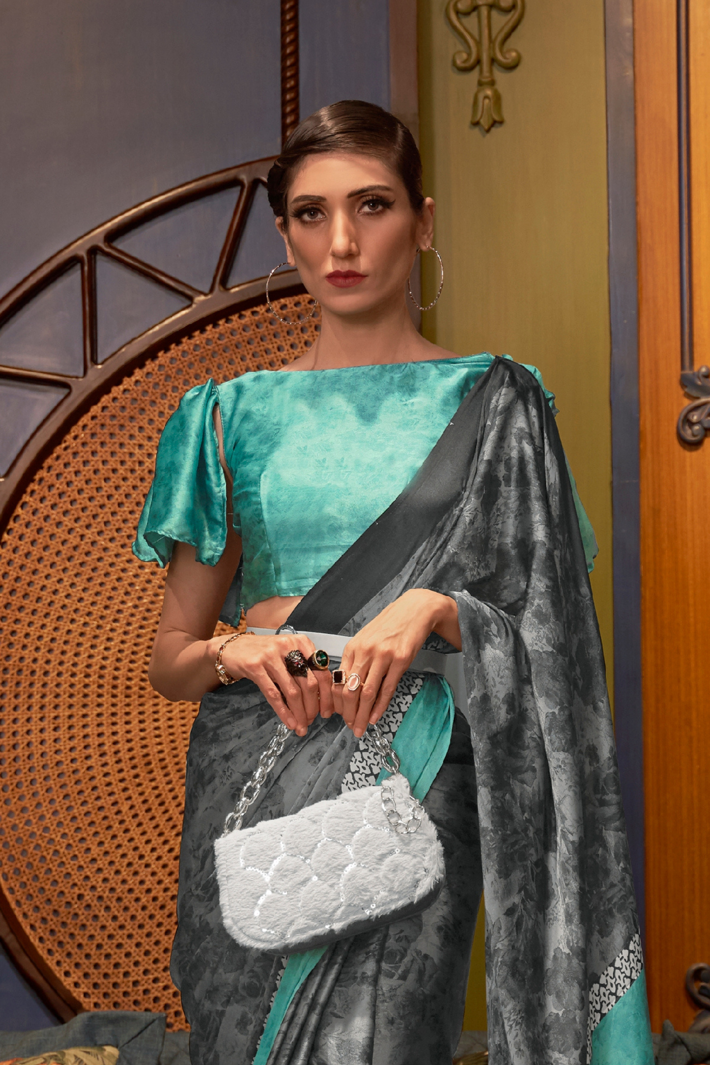 Dark Grey Floral Printed Satin Crepe Saree