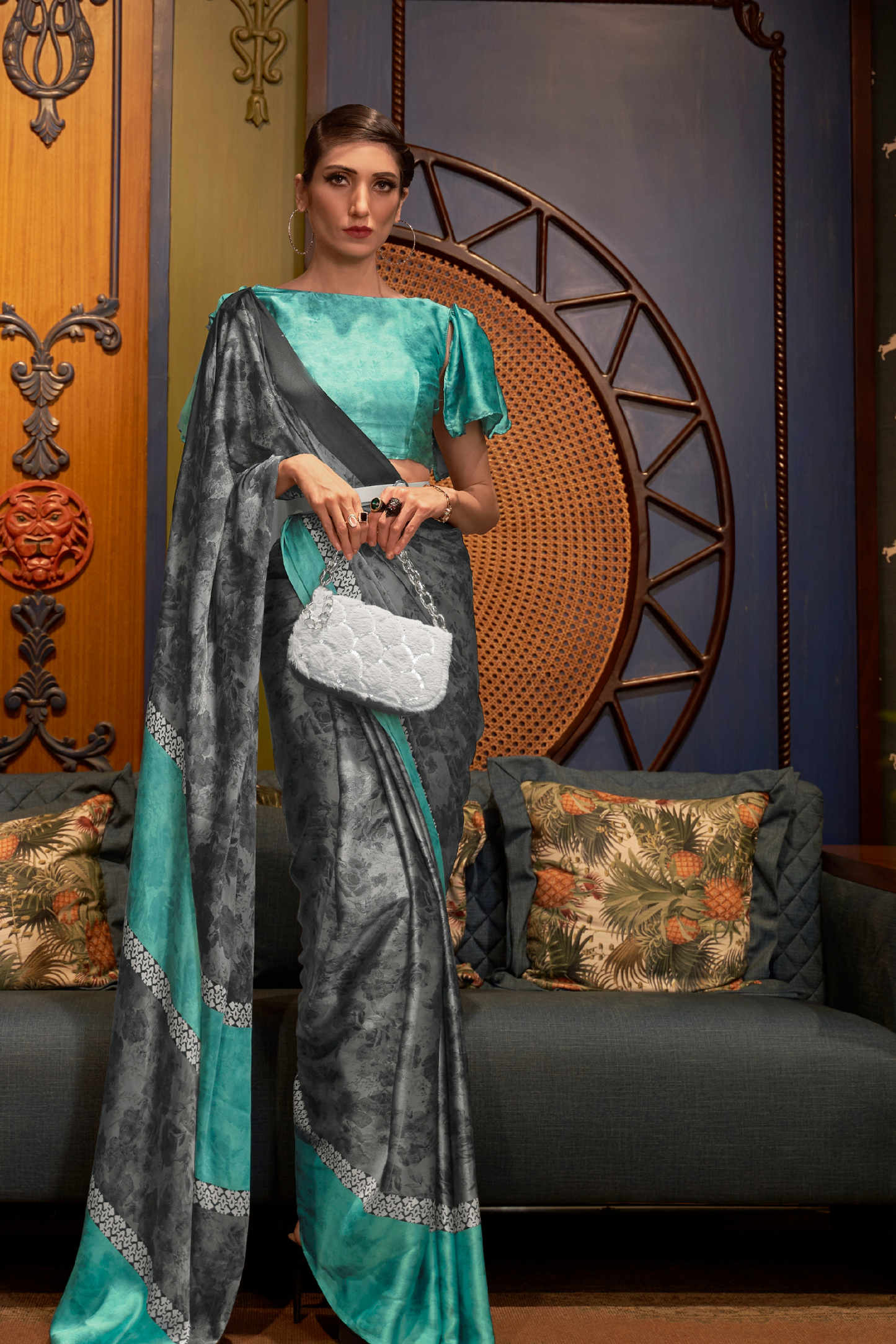 Dark Grey Floral Printed Satin Crepe Saree