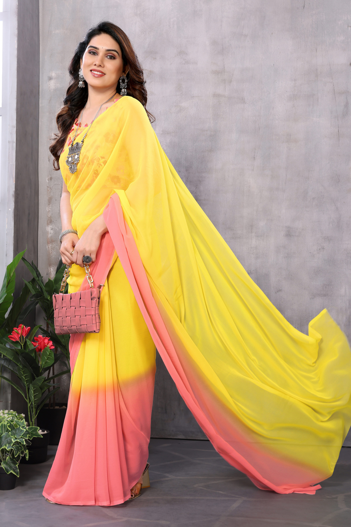 Pink Yellow Pure Georgette Ready to Wear Saree with Lace