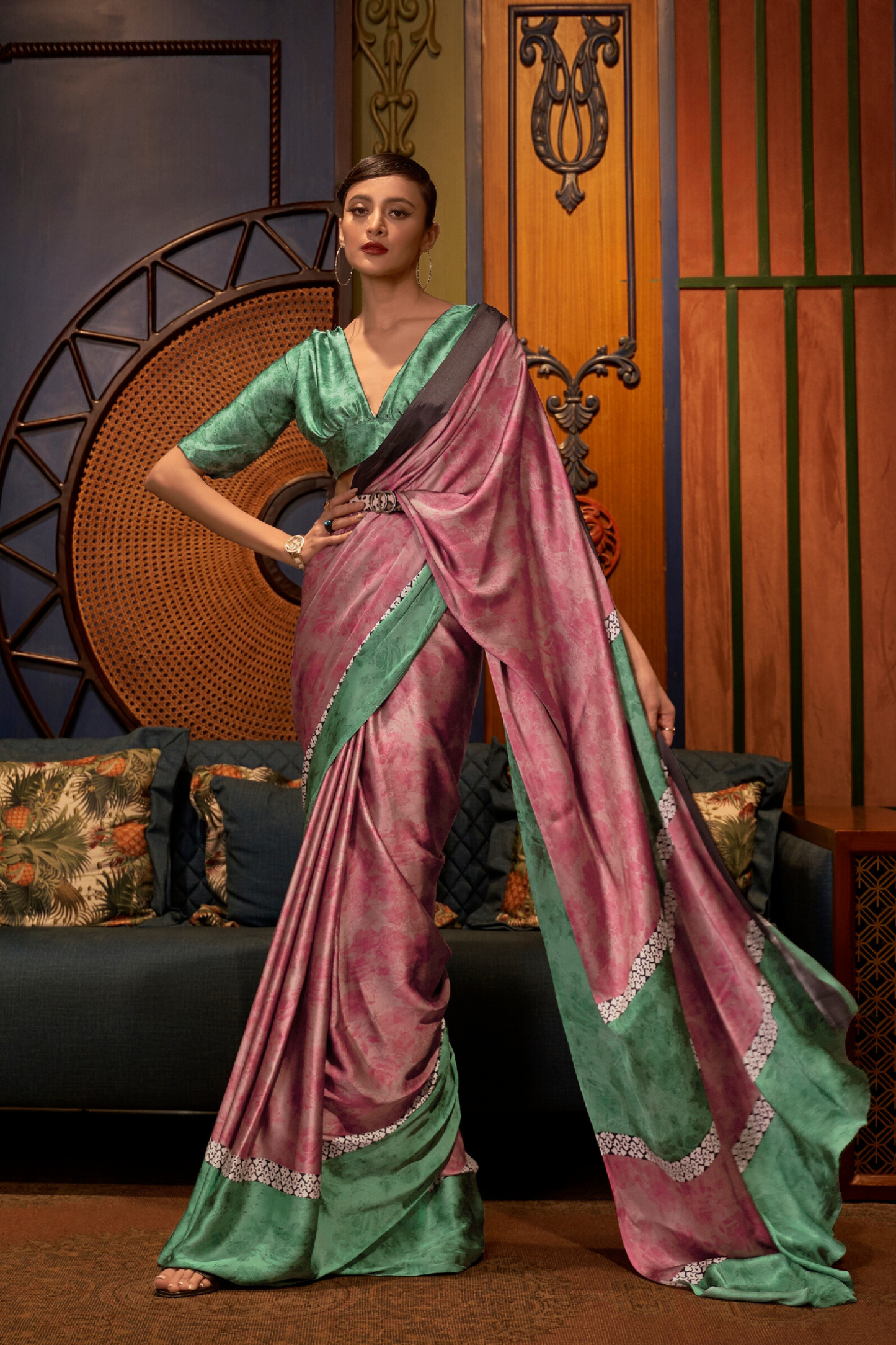 Mauve Floral Printed Satin Crepe Saree