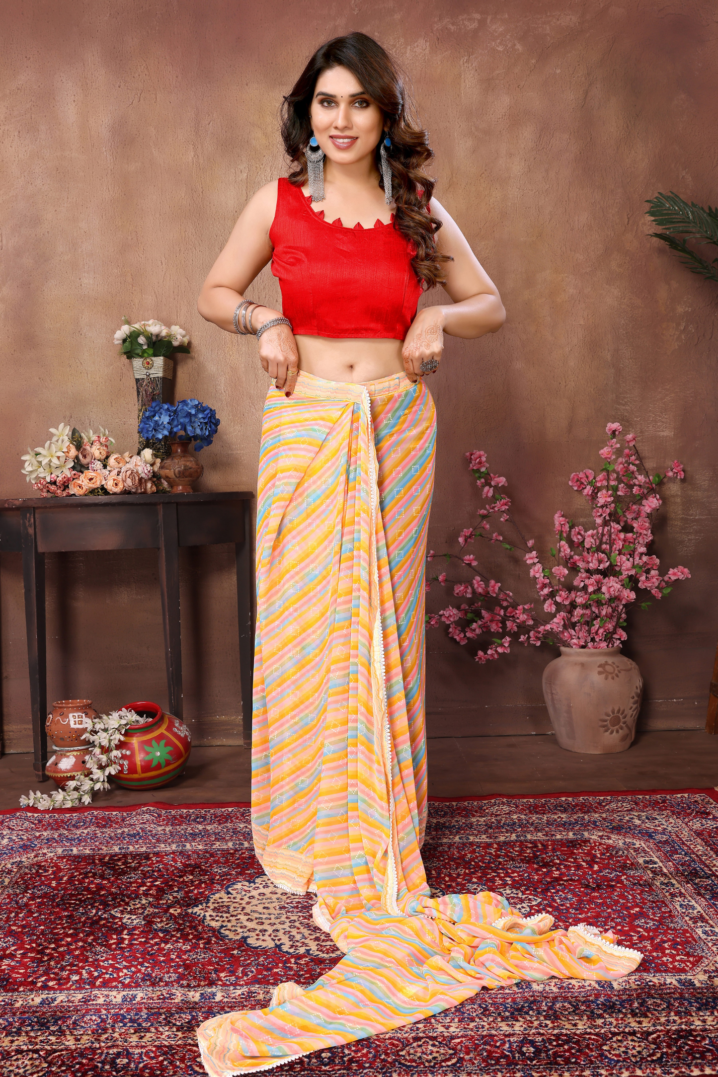 Tan Yellow Leheriya Printed Georgette Ready to Wear Saree