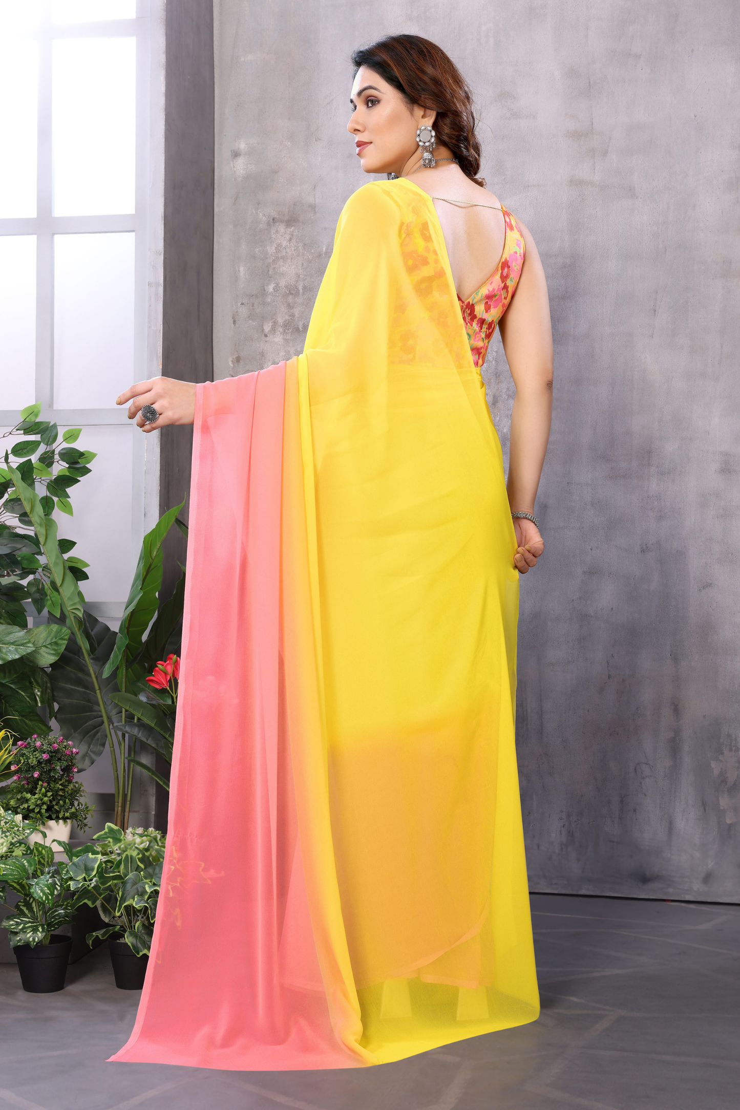 Pink Yellow Pure Georgette Ready to Wear Saree with Lace