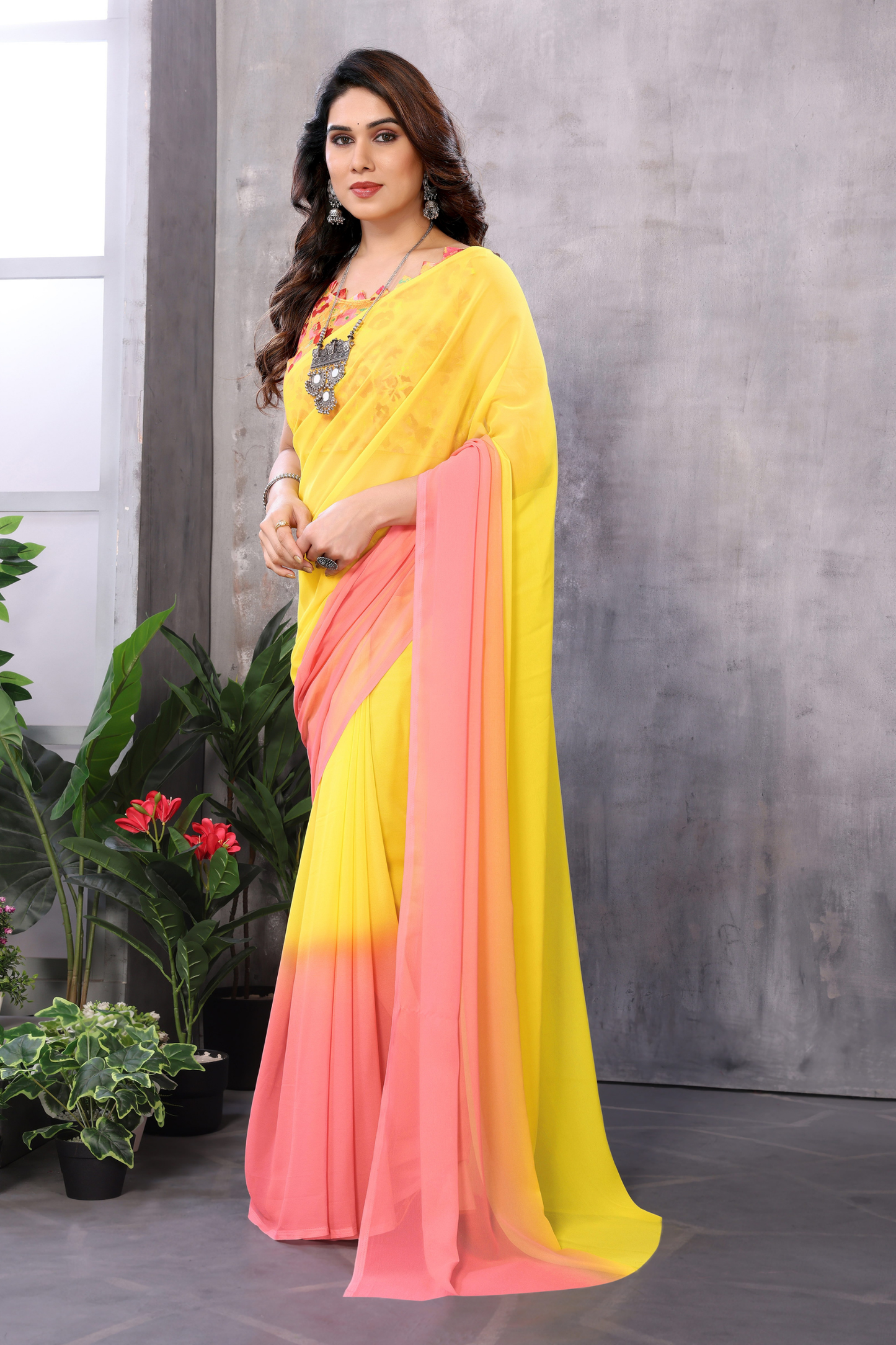 Pink Yellow Pure Georgette Ready to Wear Saree with Lace