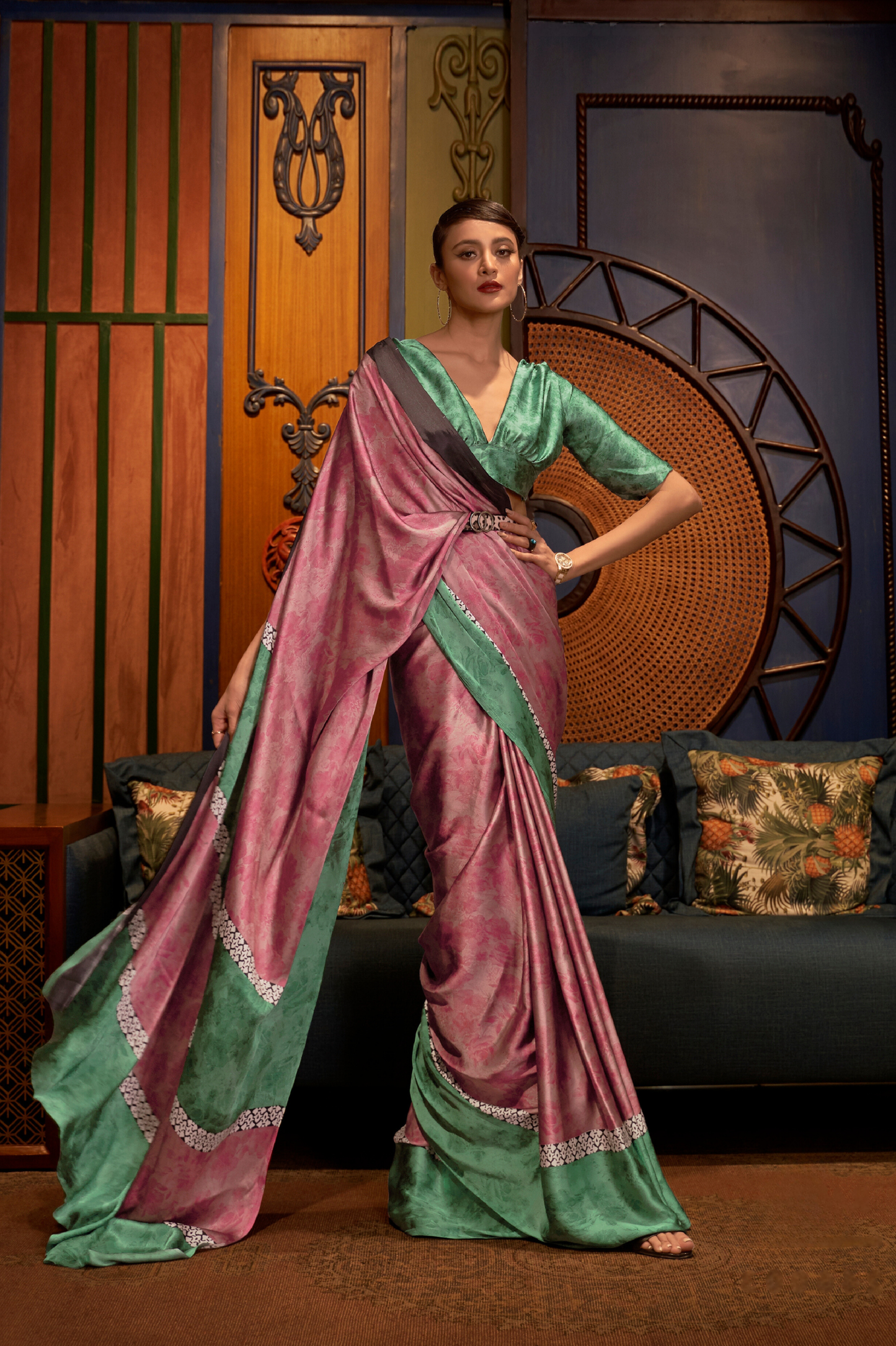 Mauve Floral Printed Satin Crepe Saree