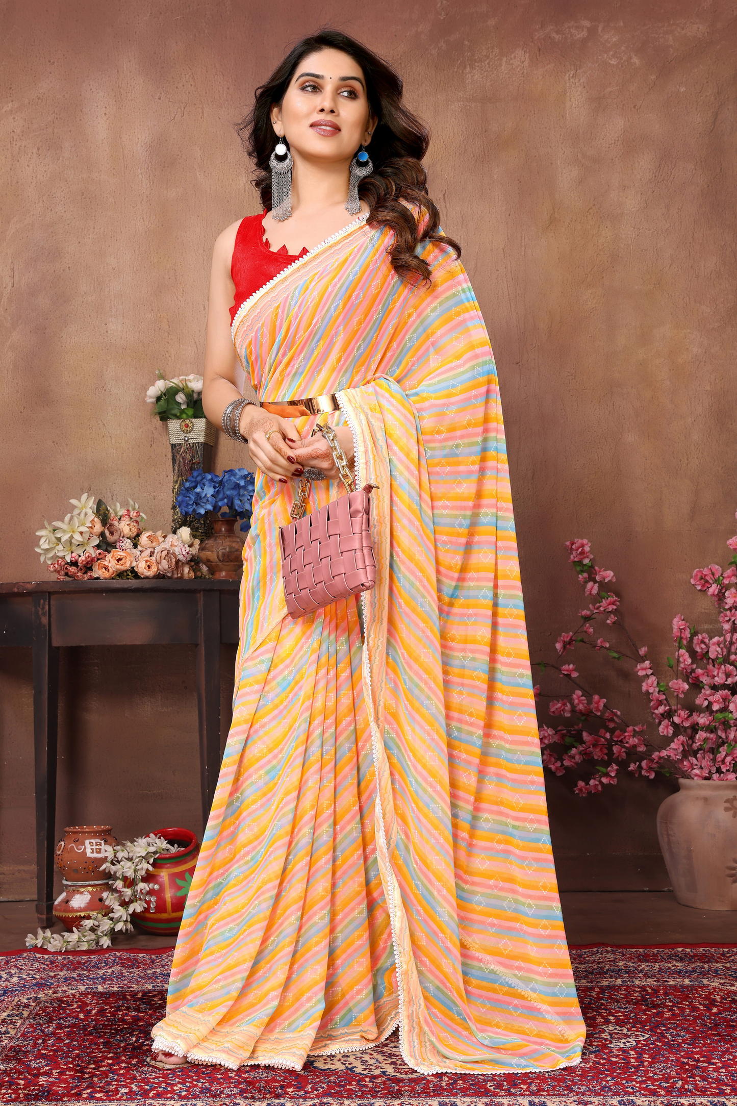 Tan Yellow Leheriya Printed Georgette Ready to Wear Saree