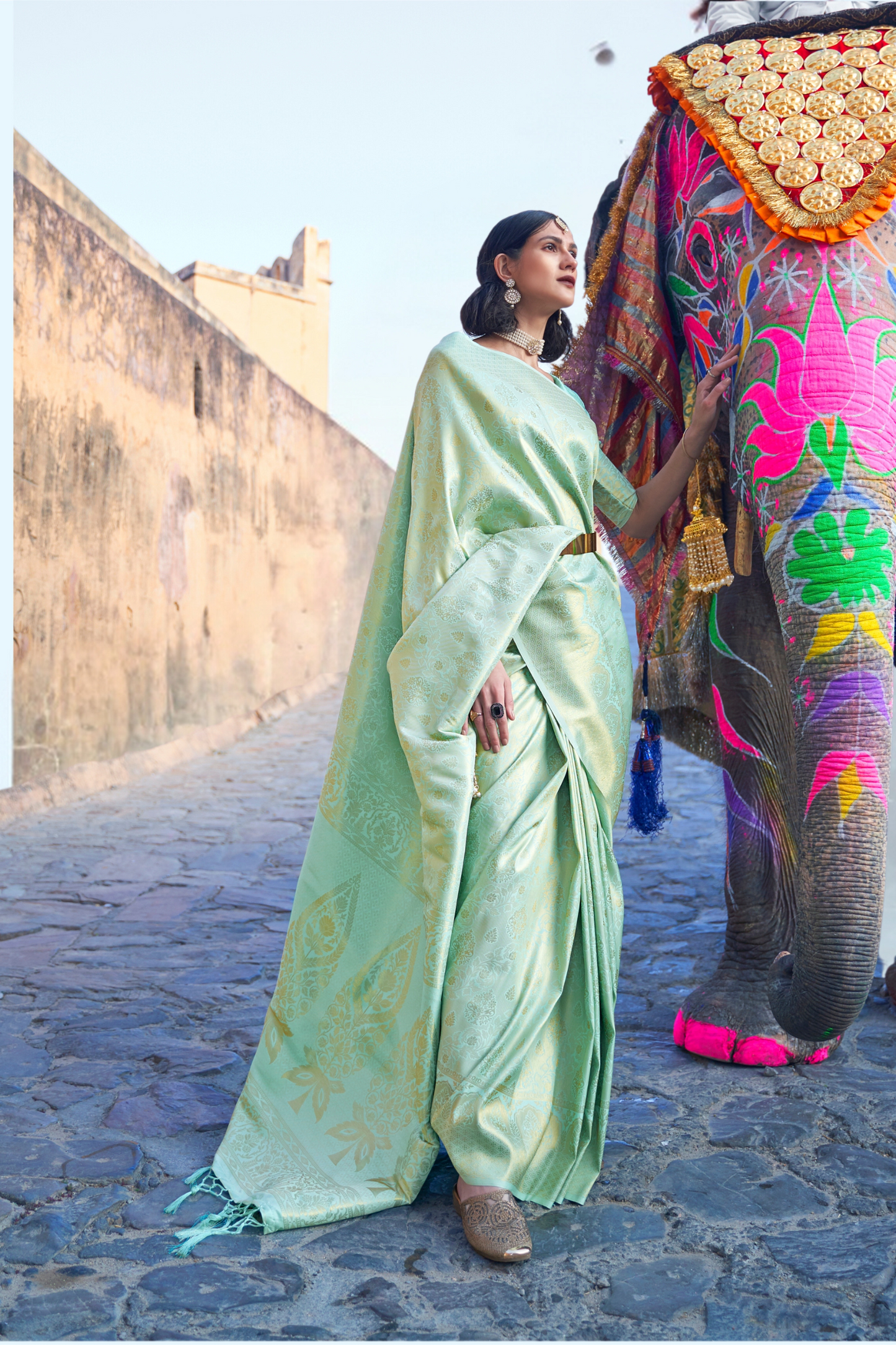 Pistachio Green Lavish Banarasi Handloom Silk Saree with Tassels Pallu