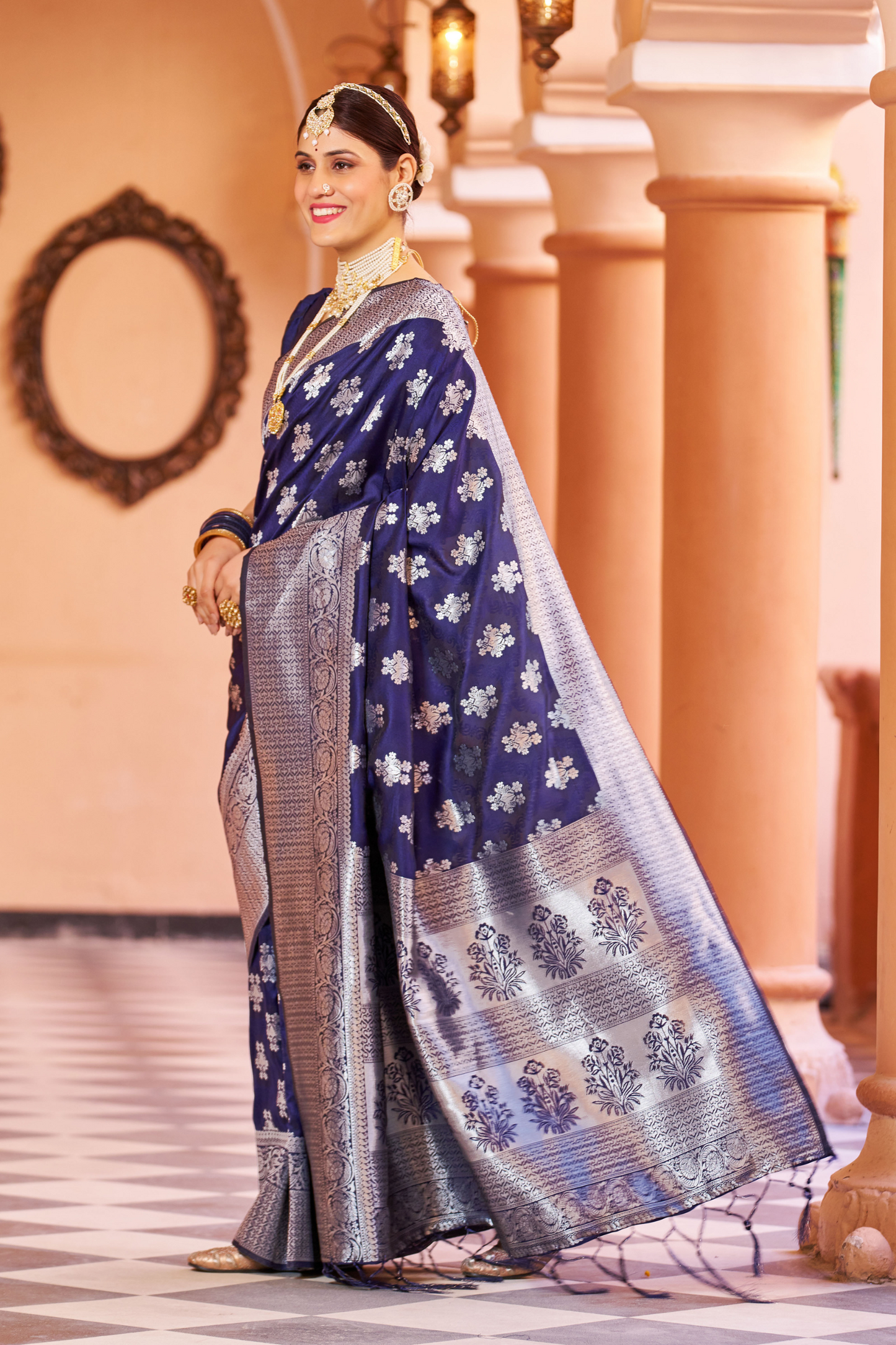 Indigo Blue Designer Banarasi Bland Soft Silk Saree with Zari Pallu