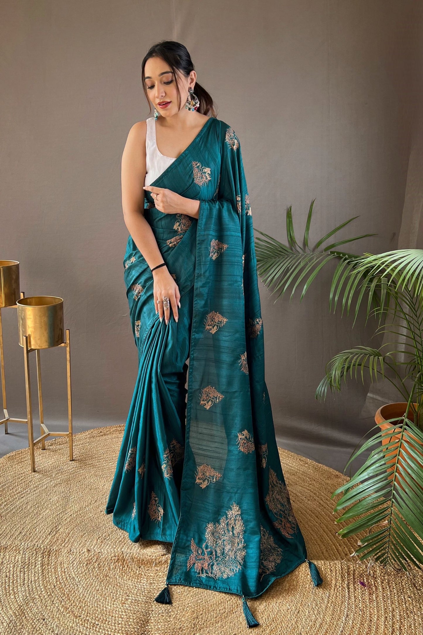 Teal Blue Embroidered Art Silk Saree