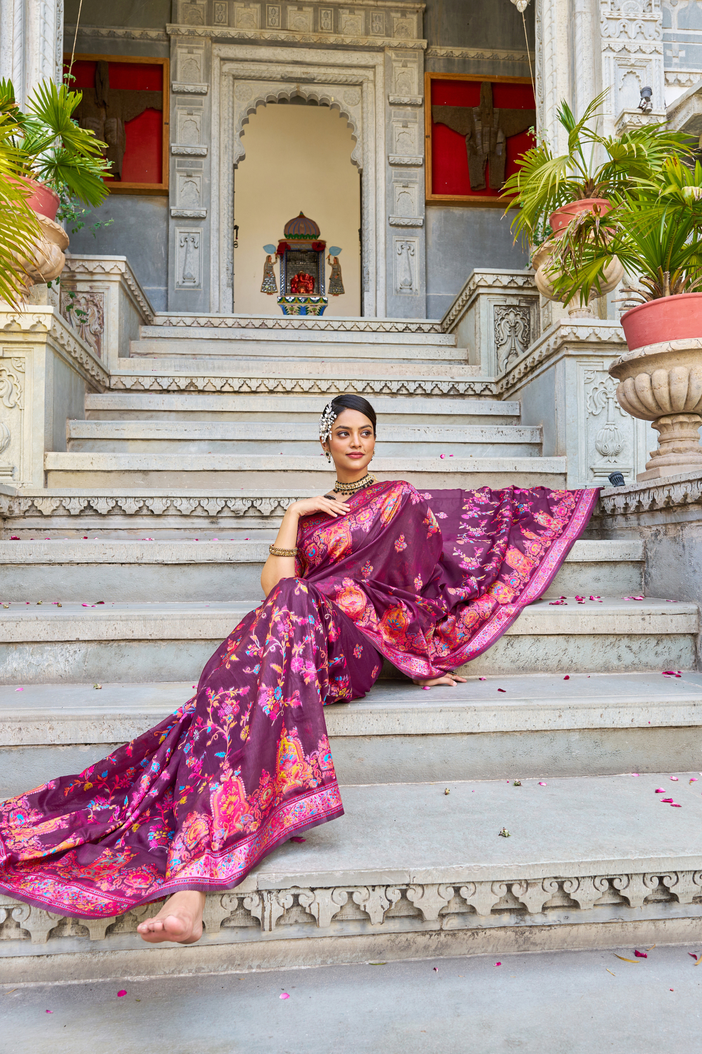 Magenta Cotton Pashmina Silk Saree with Floral Design