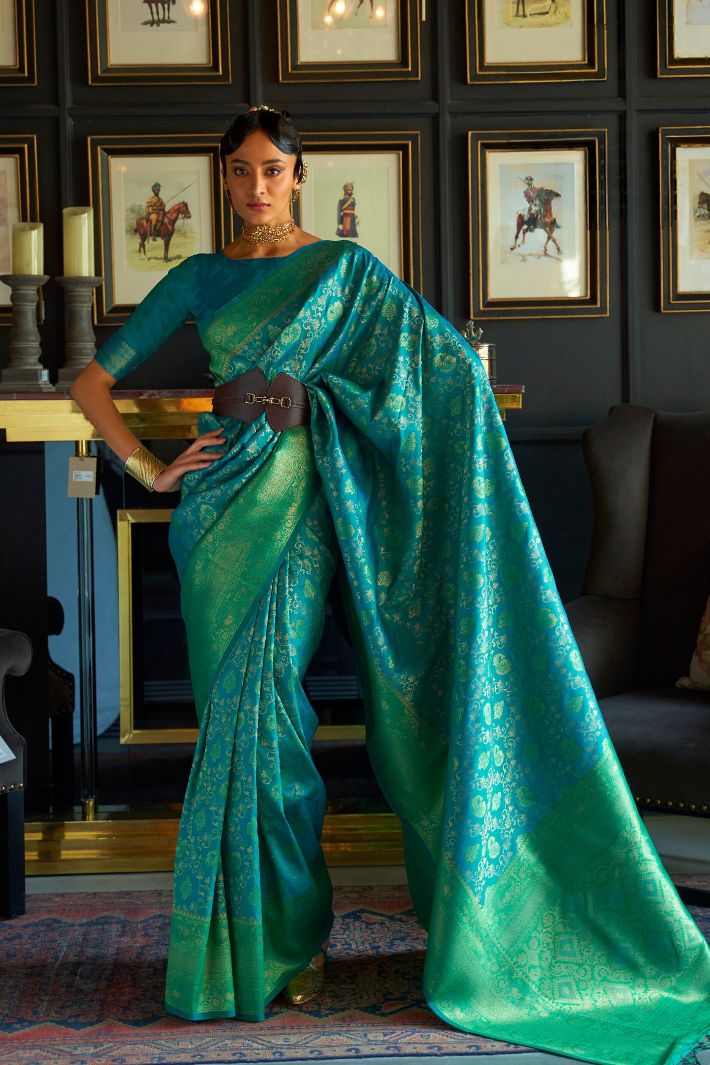 Turquoise Blue Green Pure Banarasi Katan Silk Saree with Handloom Weaving