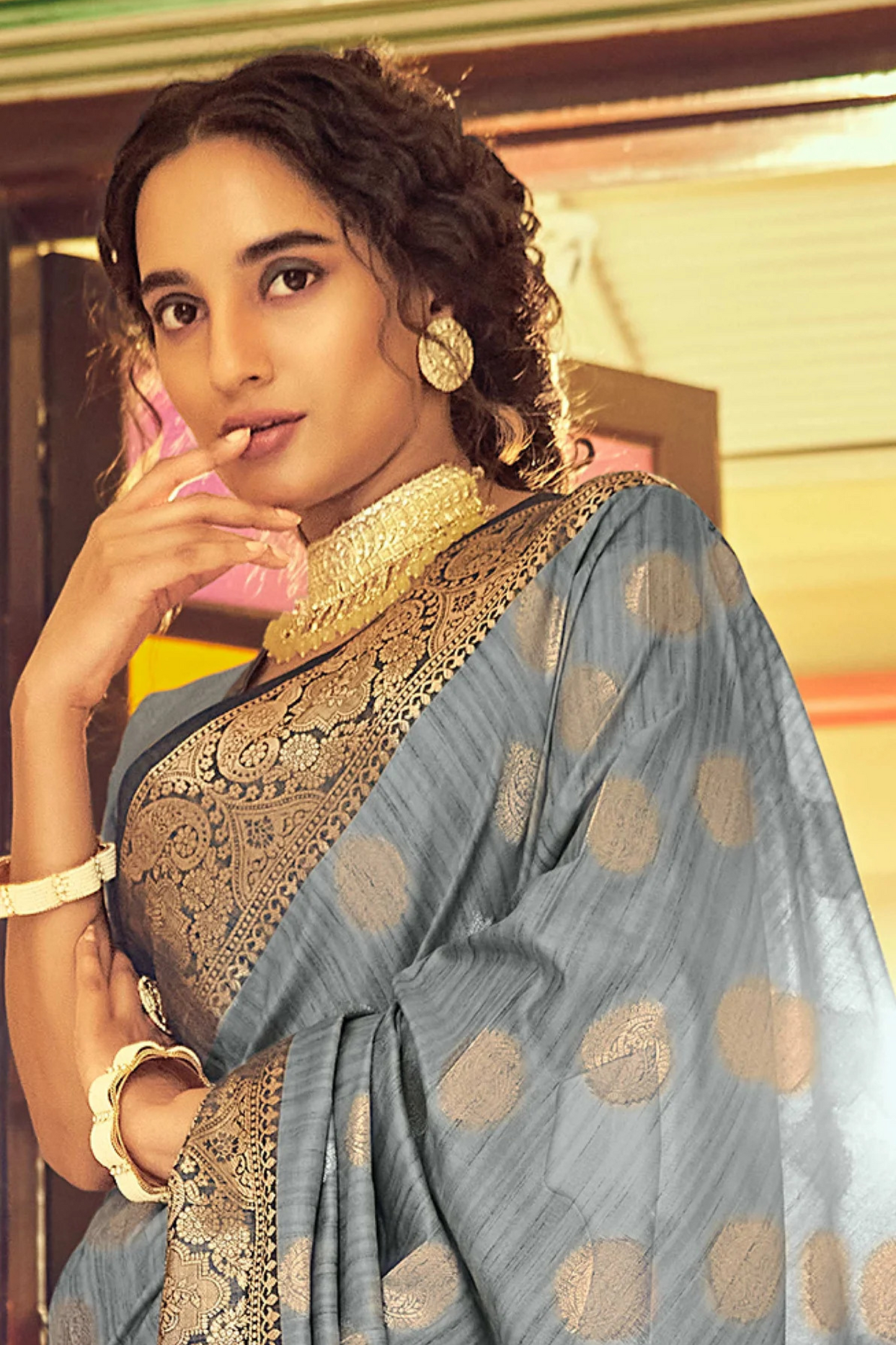 Lava Gray Posh Banarasi Katan Soft Silk Saree with Rich Zari Border