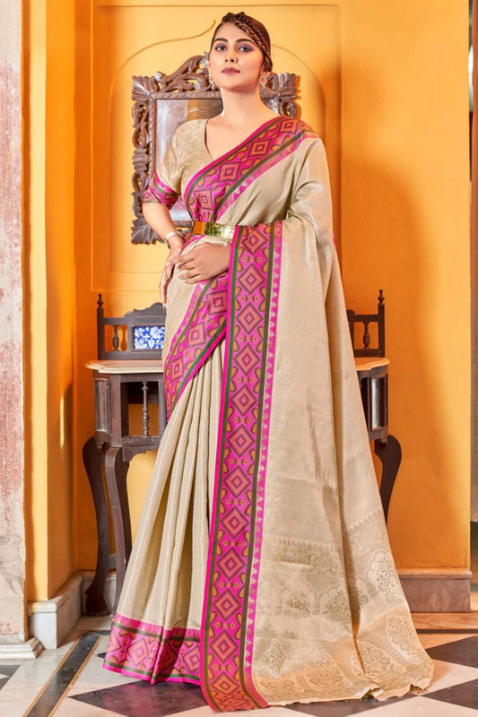 Beige Soft Silk Saree with Geometric Woven Border