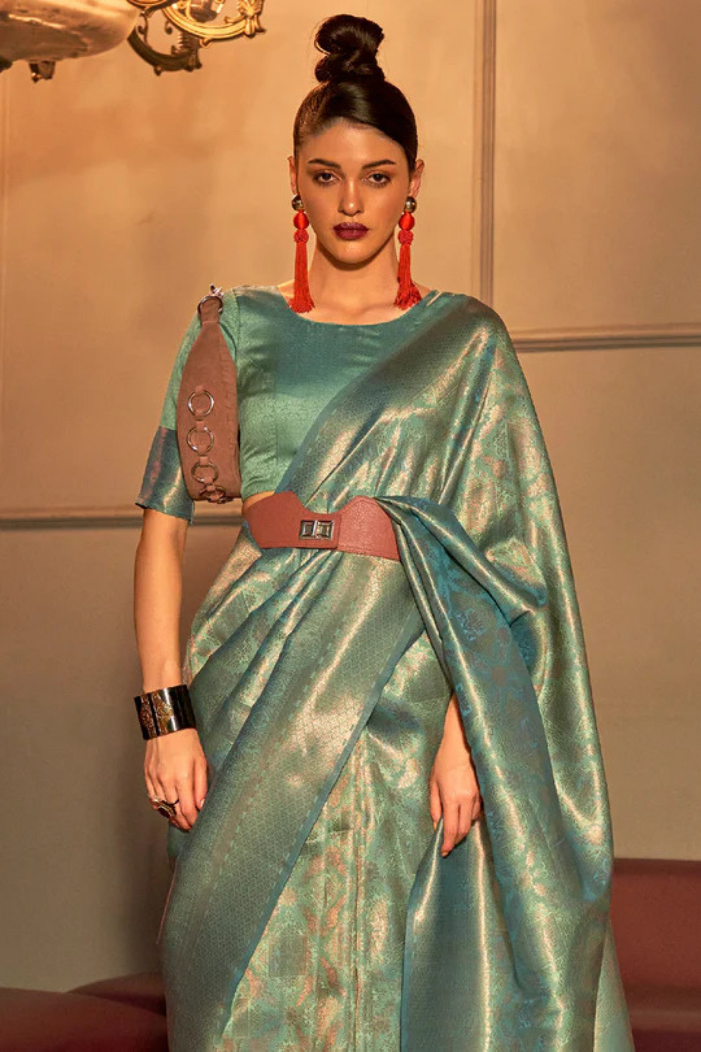 Sage Green Rich Banarasi Soft Silk Saree with Shimmer Zari Work