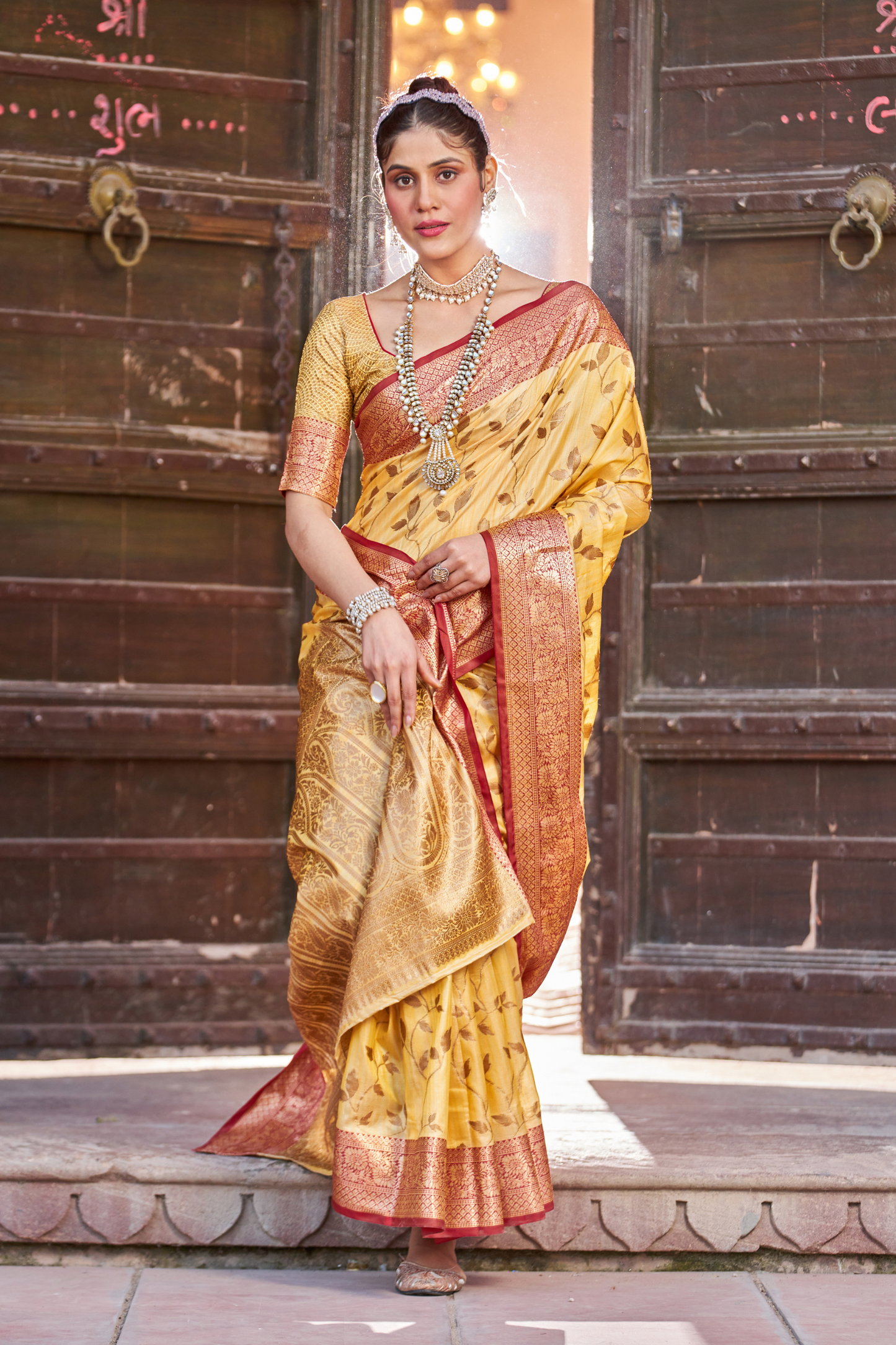 Yellow Banarasi Pure Satin Silk with Graceful Zari Work Border